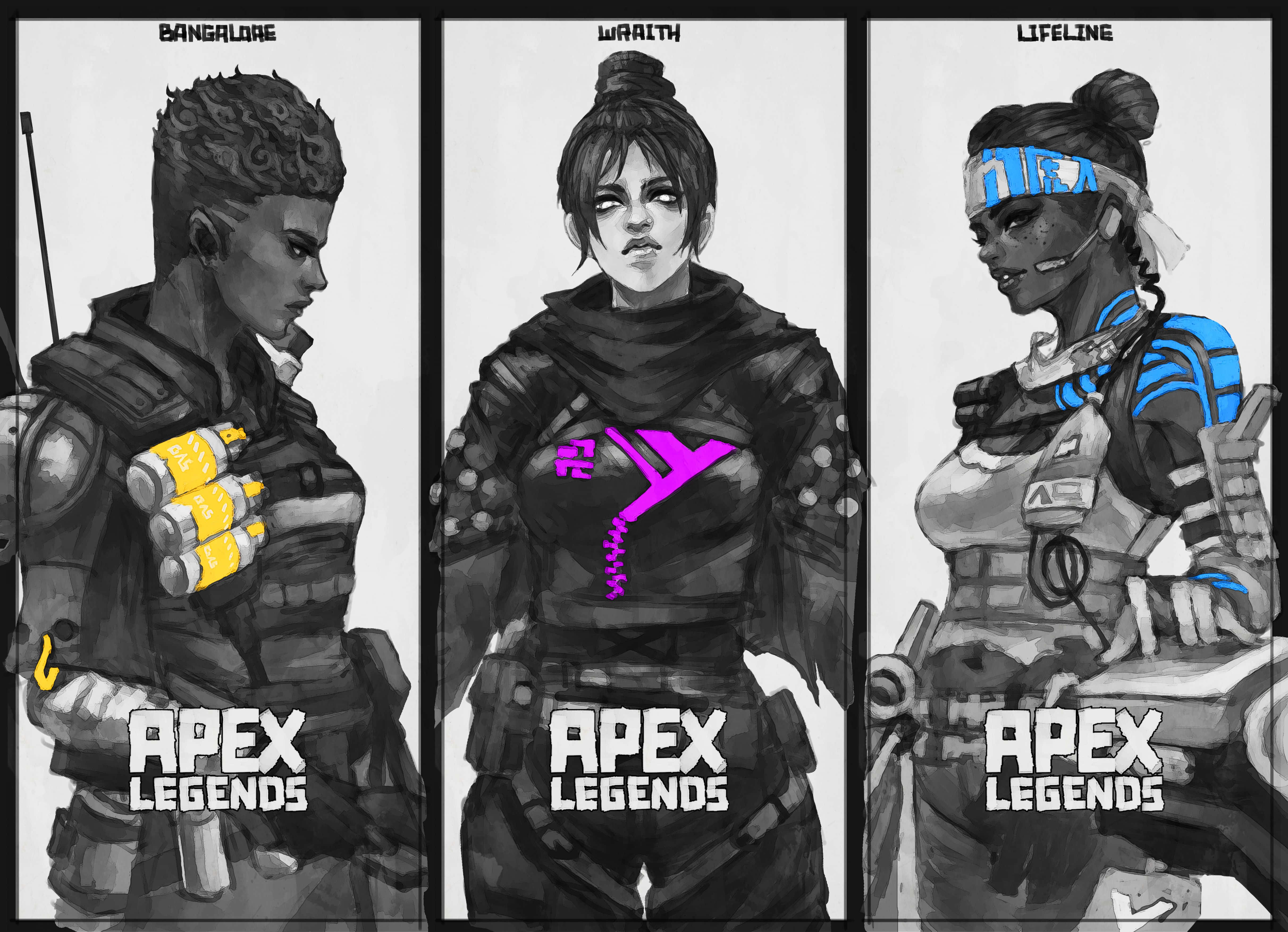 電玩遊戲 桌布 壁紙 — 三個Apex Legends角色：班加羅爾、幽靈和生命線，以風格化的黑白素描呈現，帶有鮮豔的紫色和藍色點綴。