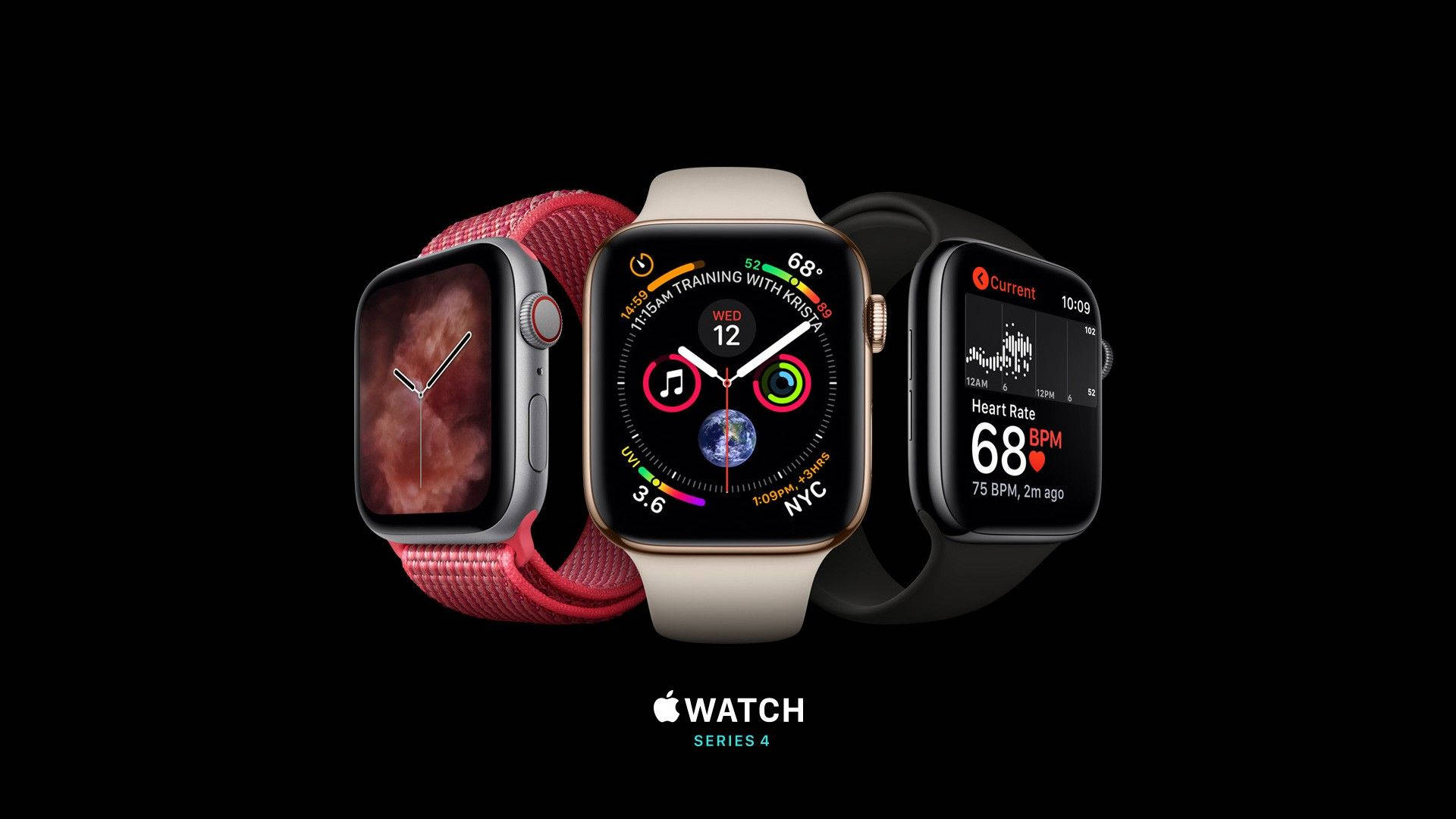Apple Watch 動態 桌布 壁紙 — 三個Apple Watch Series 4型號，配備不同錶帶和錶面，在黑色背景上展示。