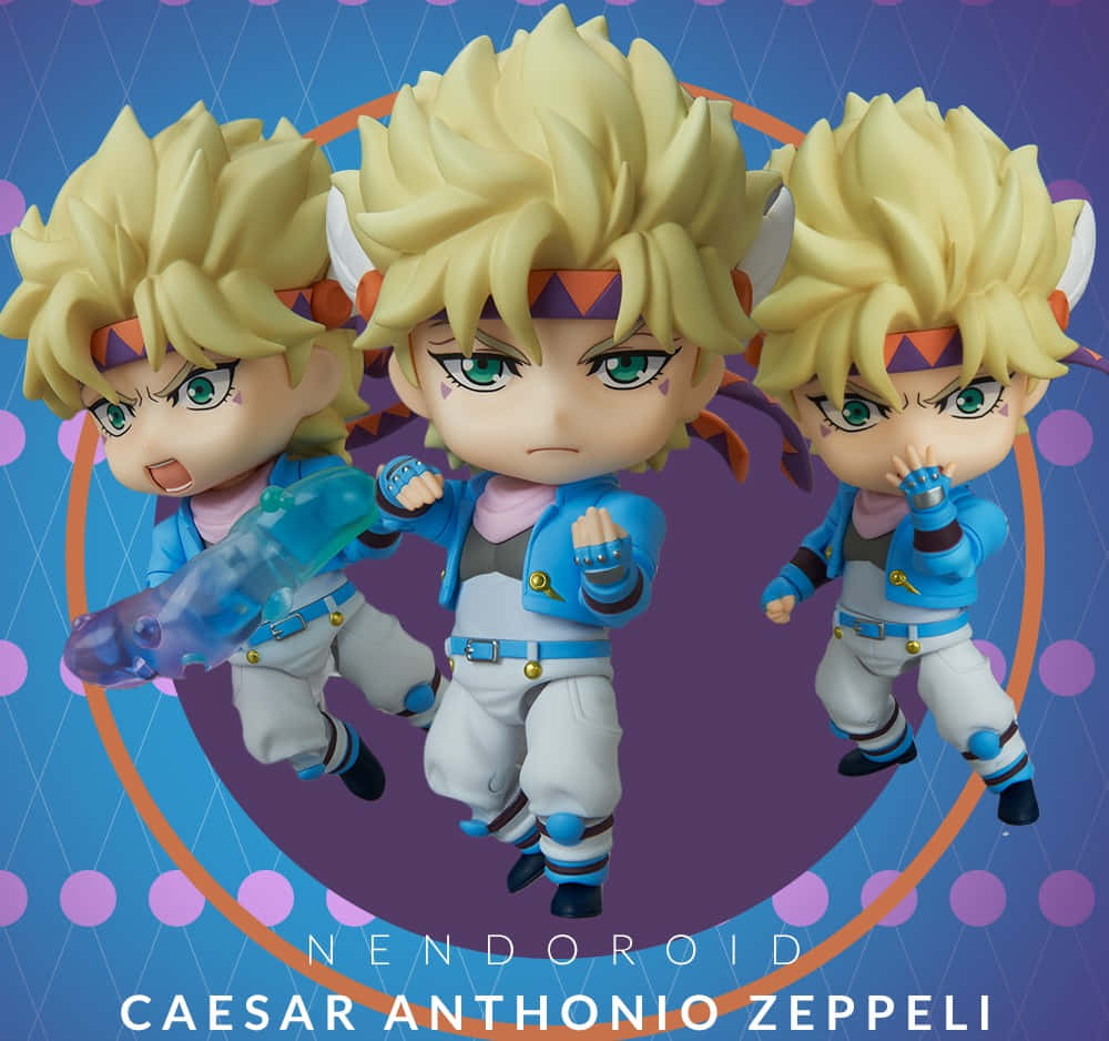 Caesar Anthonio Zeppeli 桌布 壁紙 — 三個Caesar Anthonio Zeppeli的Q版Nendoroid公仔，在紫色和藍色波點背景前擺出動態姿勢。