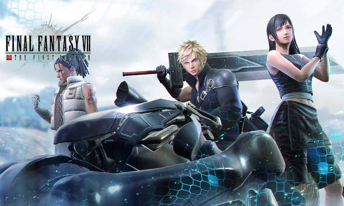 奇幻 桌布 壁紙 — 三個Final Fantasy VII角色英雄式地站在一台未來風格的機車旁，背景是帶有發光六角形圖案的陰天天空。