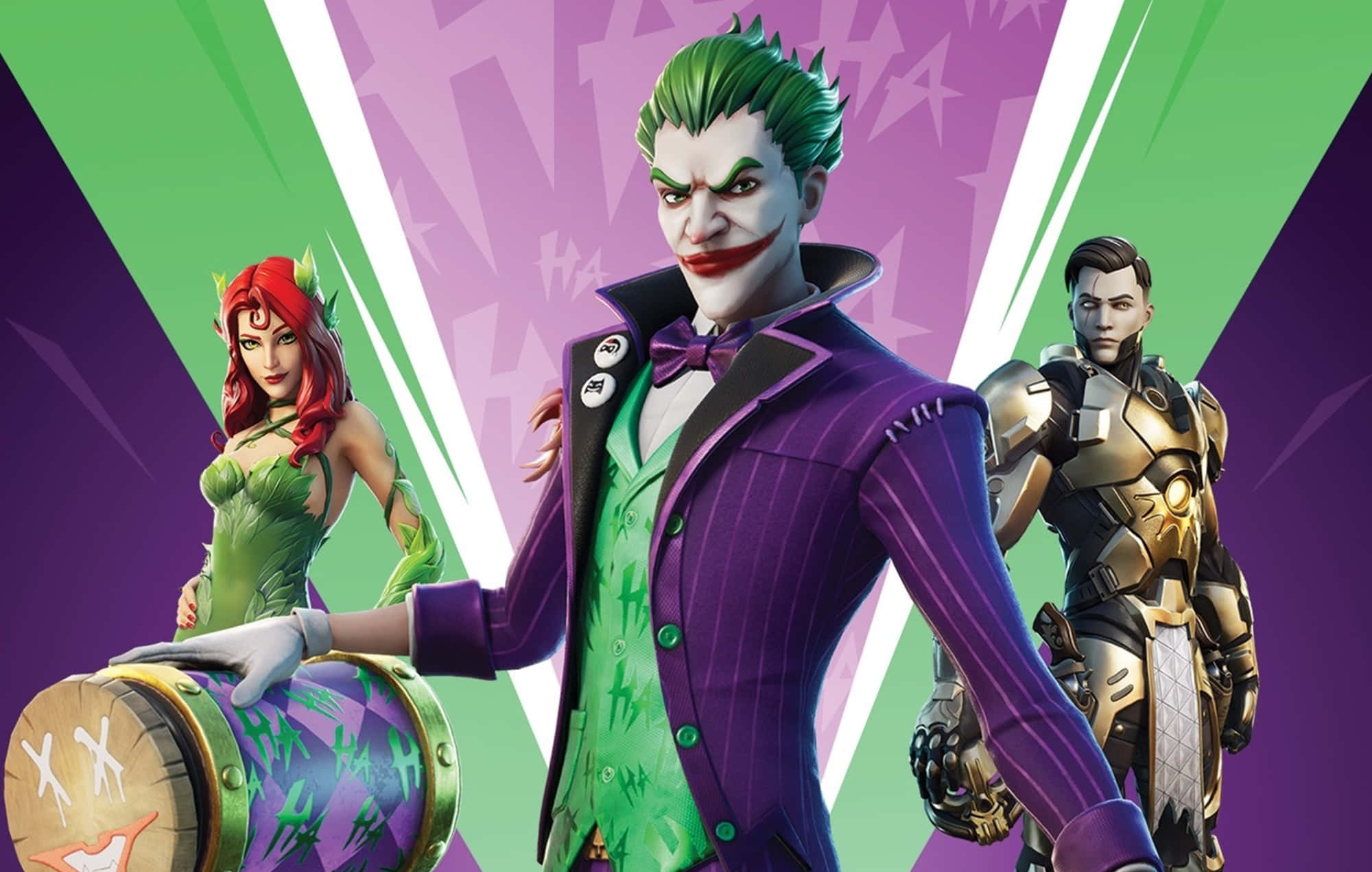 Fortnite 桌布 壁紙 — 三個Fortnite角色，包括小丑、毒藤女和一個金色盔甲人物，在充滿活力的紫色和綠色幾何背景前擺姿勢。