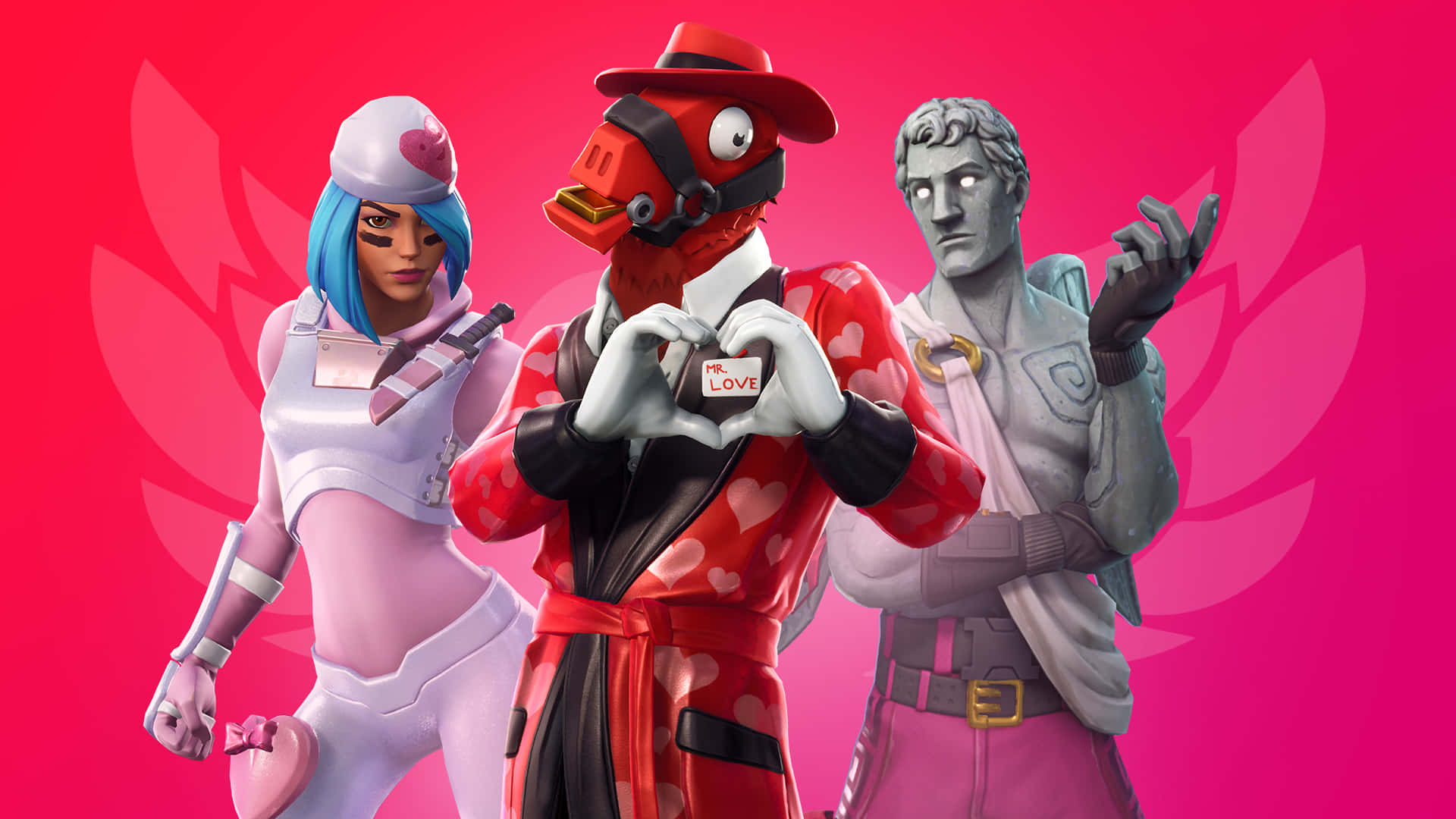 桌布 壁紙 — 三個Fortnite角色在充滿心形圖案的鮮豔粉紅色背景前擺姿勢，其中一個用「Mr. Love」卡片形成心形。
