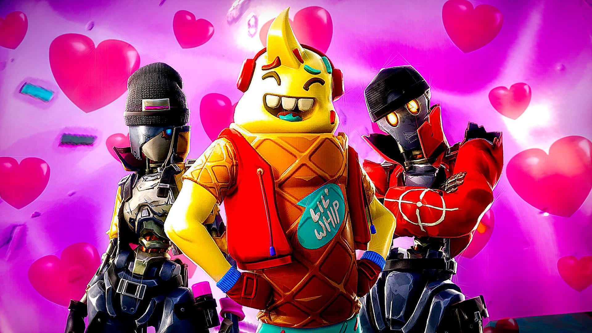 桌布 壁紙 — 三個Fortnite角色在充滿漂浮心形的鮮豔粉紅色背景前愉快地擺姿勢。