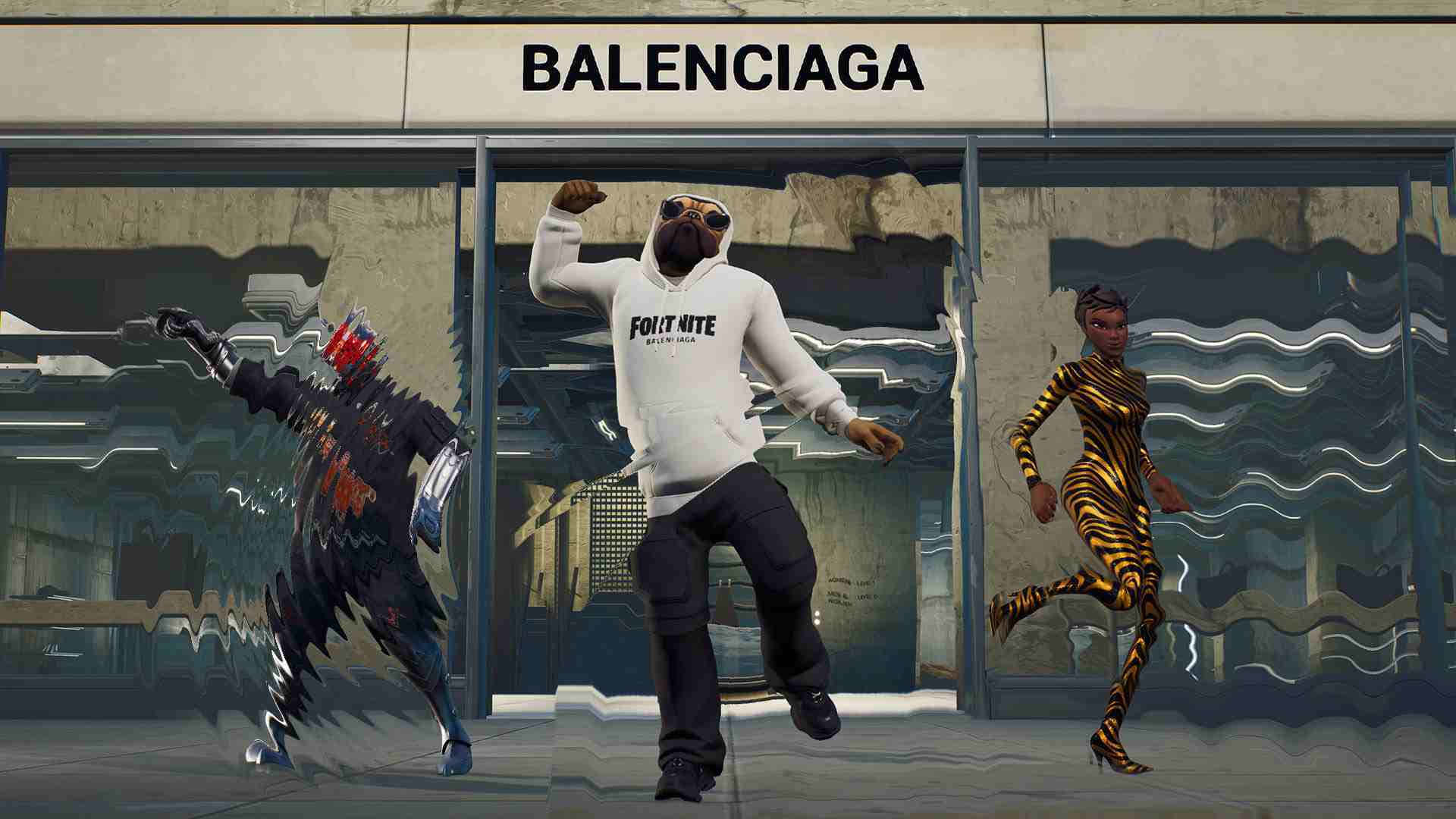 巴黎世家 桌布 壁紙 — 三個Fortnite角色在破裂的Balenciaga商店前面，帶著扭曲的倒影，充滿活力地跳舞。