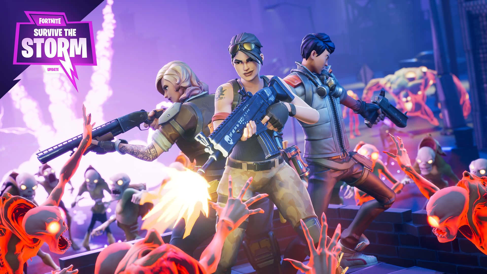 PC 遊戲 桌布 壁紙 — 三個Fortnite角色在紫色暴風雨天空下，伴隨著熾熱爆炸，與發光的紅色殭屍戰鬥。