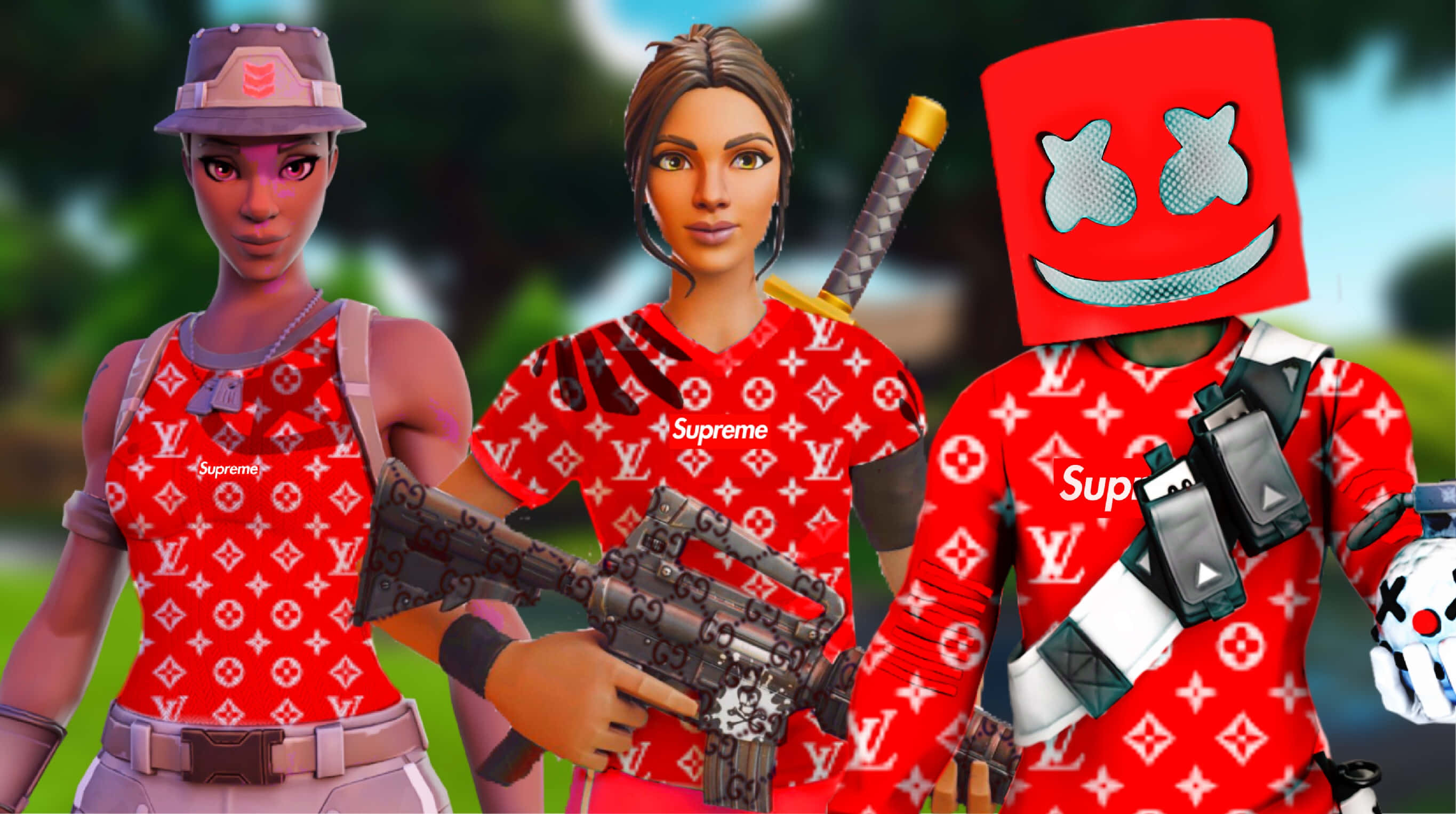 紅色動圖 桌布 壁紙 — 三個Fortnite角色穿著紅色Louis Vuitton圖案服裝，手持武器和Marshmello面具擺姿勢。