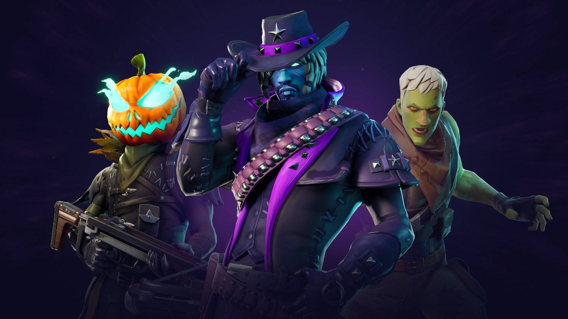 Apex 英雄 桌布 壁紙 — 三個Fortnite角色穿著萬聖節主題服裝，在深紫色背景前擺姿勢，旁邊有發光的南瓜燈。