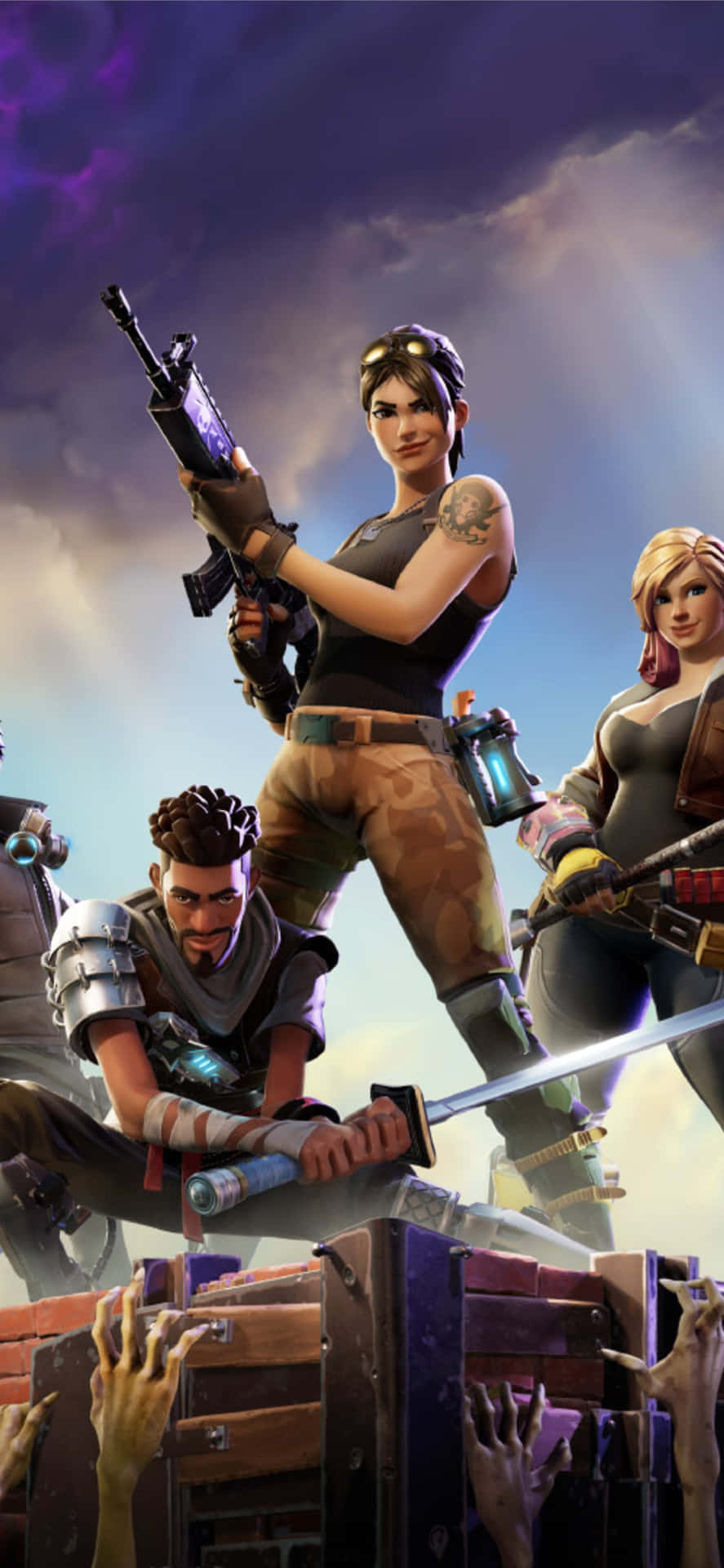 Characters 桌布 壁紙 — 三個Fortnite角色站在木箱上，殭屍手從下方伸出，背景是暴風雨般的紫色天空。
