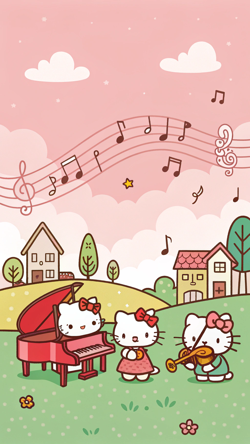 音樂 桌布 壁紙 — 三個Hello Kitty角色在粉紅色天空下，有房屋和雲朵，在音符下彈鋼琴、拉小提琴和唱歌。