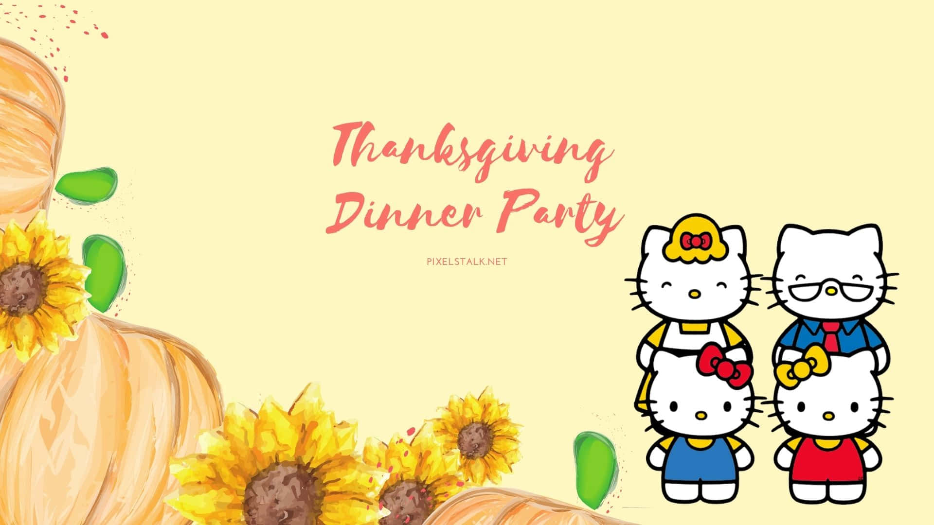 Hello Kitty Thanksgiving 桌布 壁紙 — 三個Hello Kitty角色穿著節日服裝，站在南瓜和向日葵旁邊，參加感恩節晚餐派對。