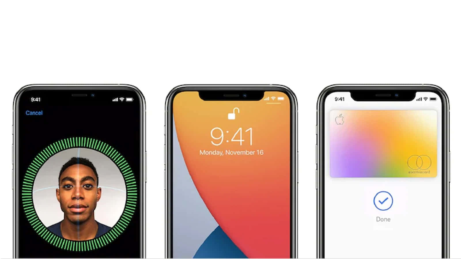 Face Id 桌布 壁紙 — 三個iPhone螢幕顯示Face ID解鎖、帶有時間和日期的主螢幕以及Apple Pay卡確認。
