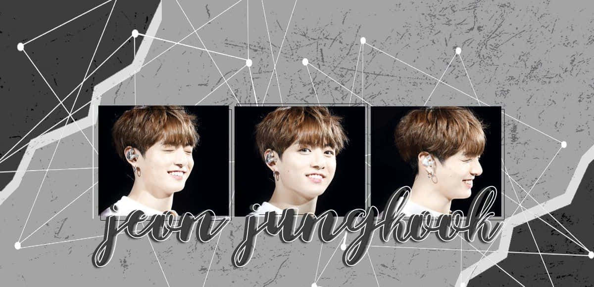 Jungkook 桌布 壁紙 — 三個Jeon Jungkook微笑肖像面板，背景為灰色幾何圖案，帶有白色線條，下方寫有他的名字。