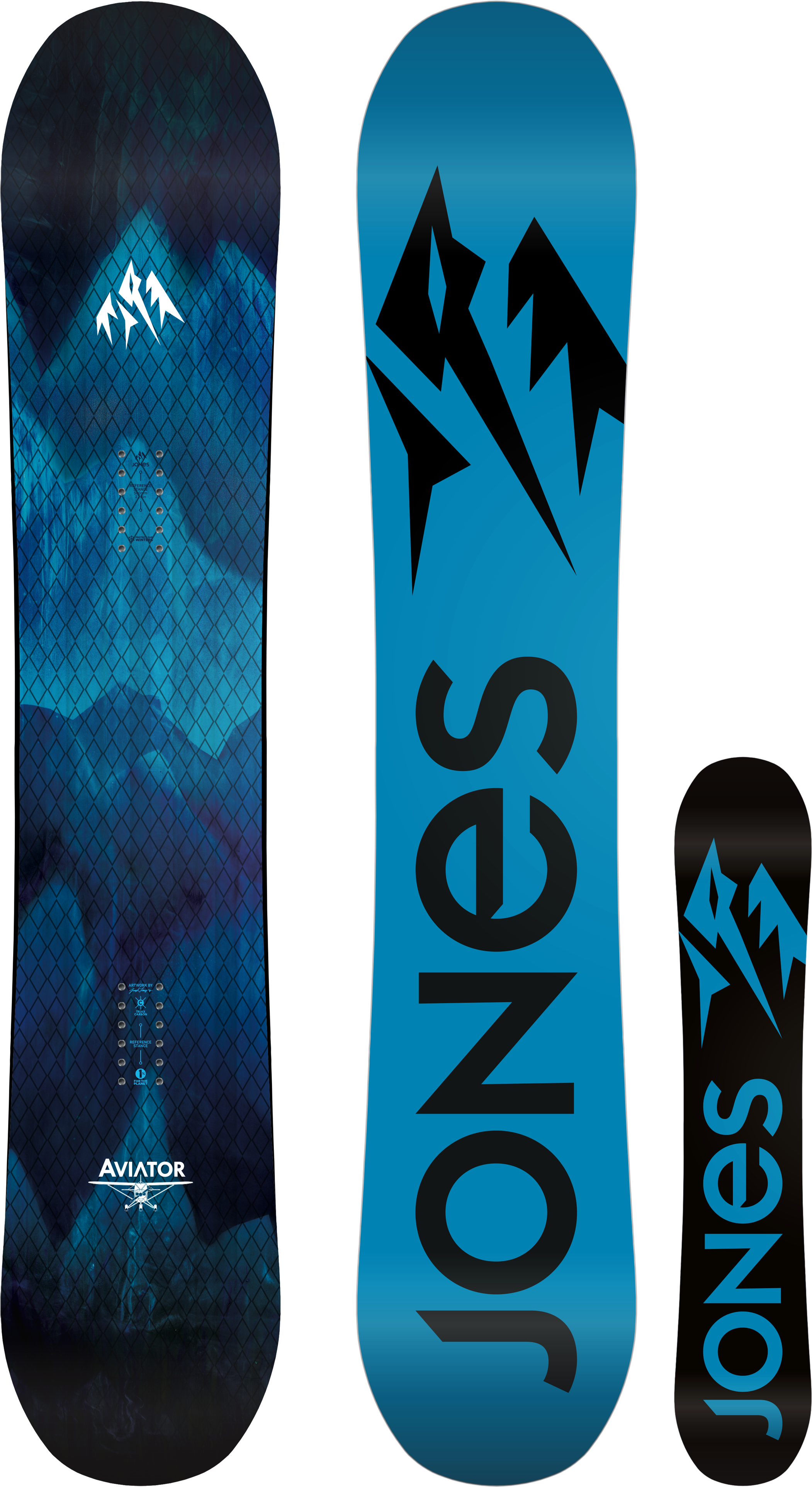 Snowboarding 桌布 壁紙 — 三個Jones滑雪板垂直展示在黑色背景上，展現藍色漸變圖形和醒目品牌標誌。