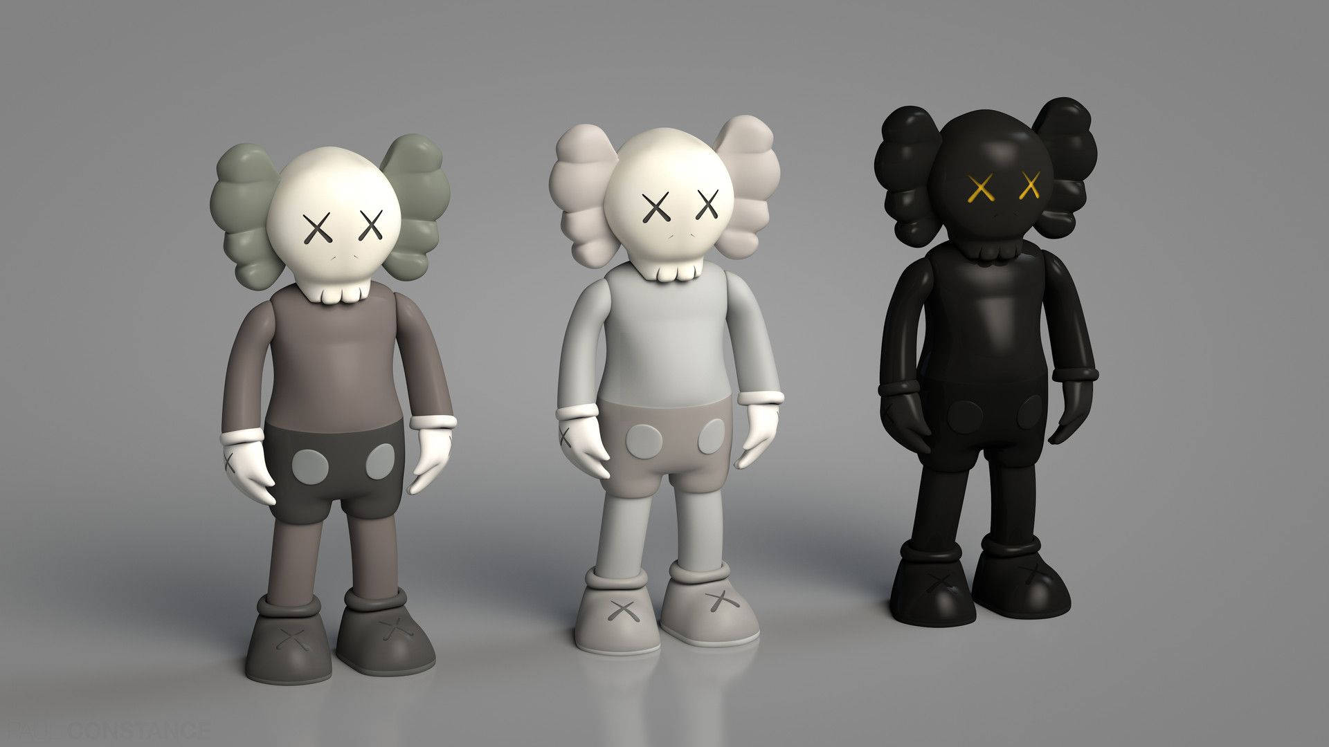 kaws 4K 桌布 壁紙 — 三個KAWS Companion公仔以單色調並排站立在灰色中性背景前。