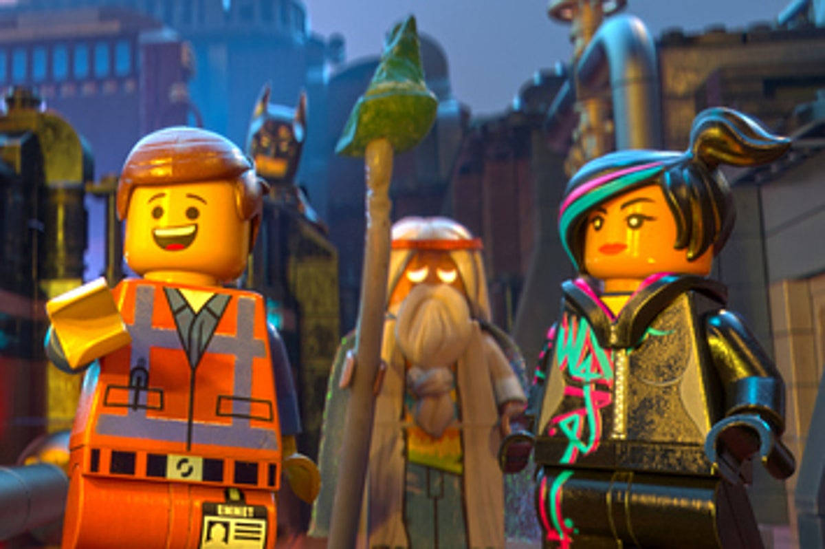 樂高 桌布 壁紙 — 三個LEGO角色一起站在一個風格化的城市景觀中，背景有發光的燈光和工業建築。