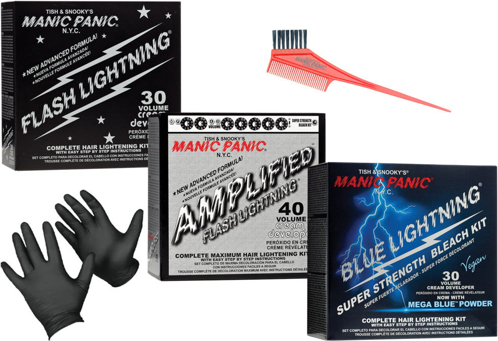 Panic 桌布 壁紙 — 三個Manic Panic染髮套裝和一把紅色梳子配黑色手套，在純黑背景上。