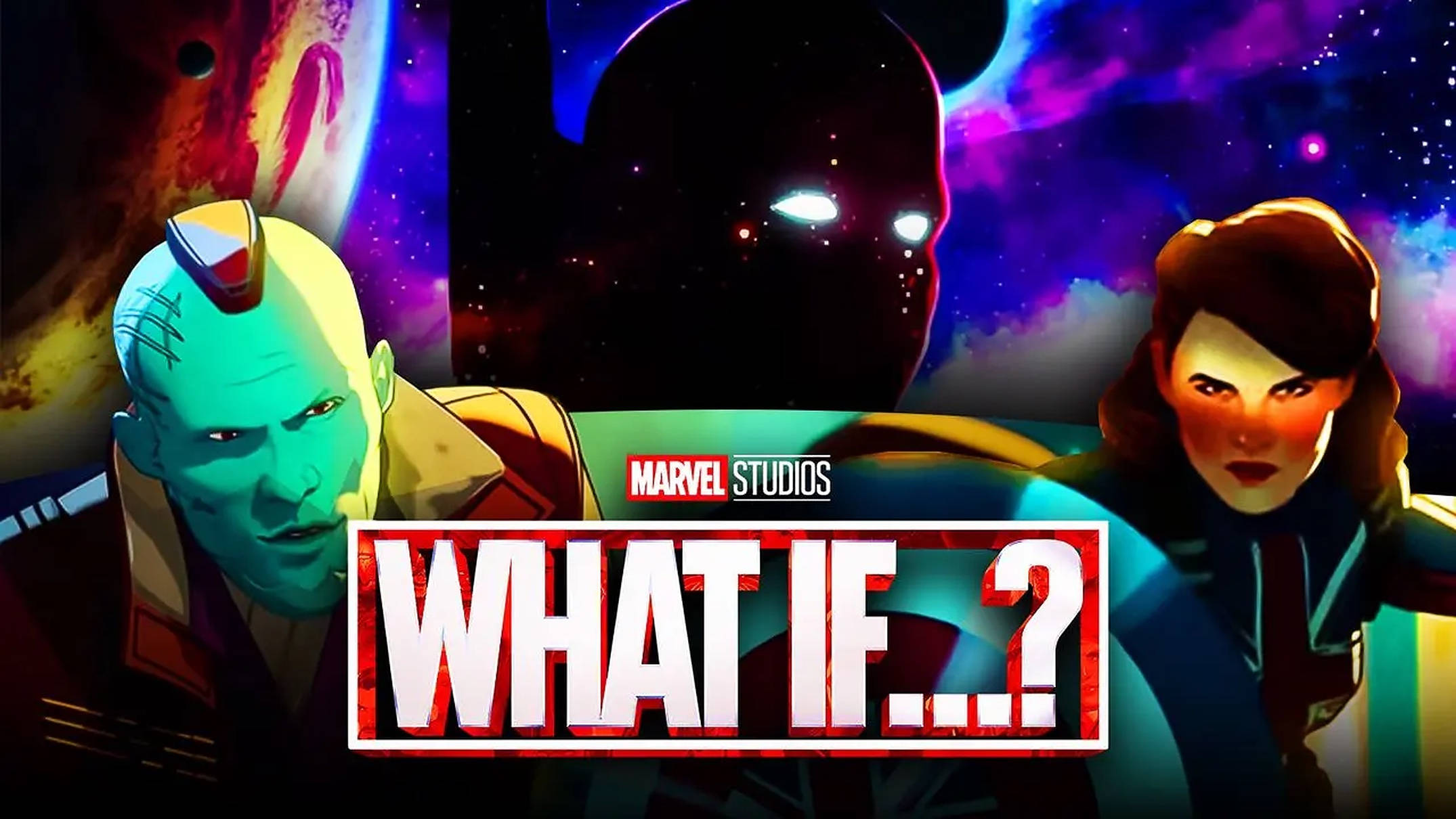漫威假如 桌布 壁紙 — 三個Marvel角色在充滿活力的星雲和行星的宇宙背景下凝視著。
