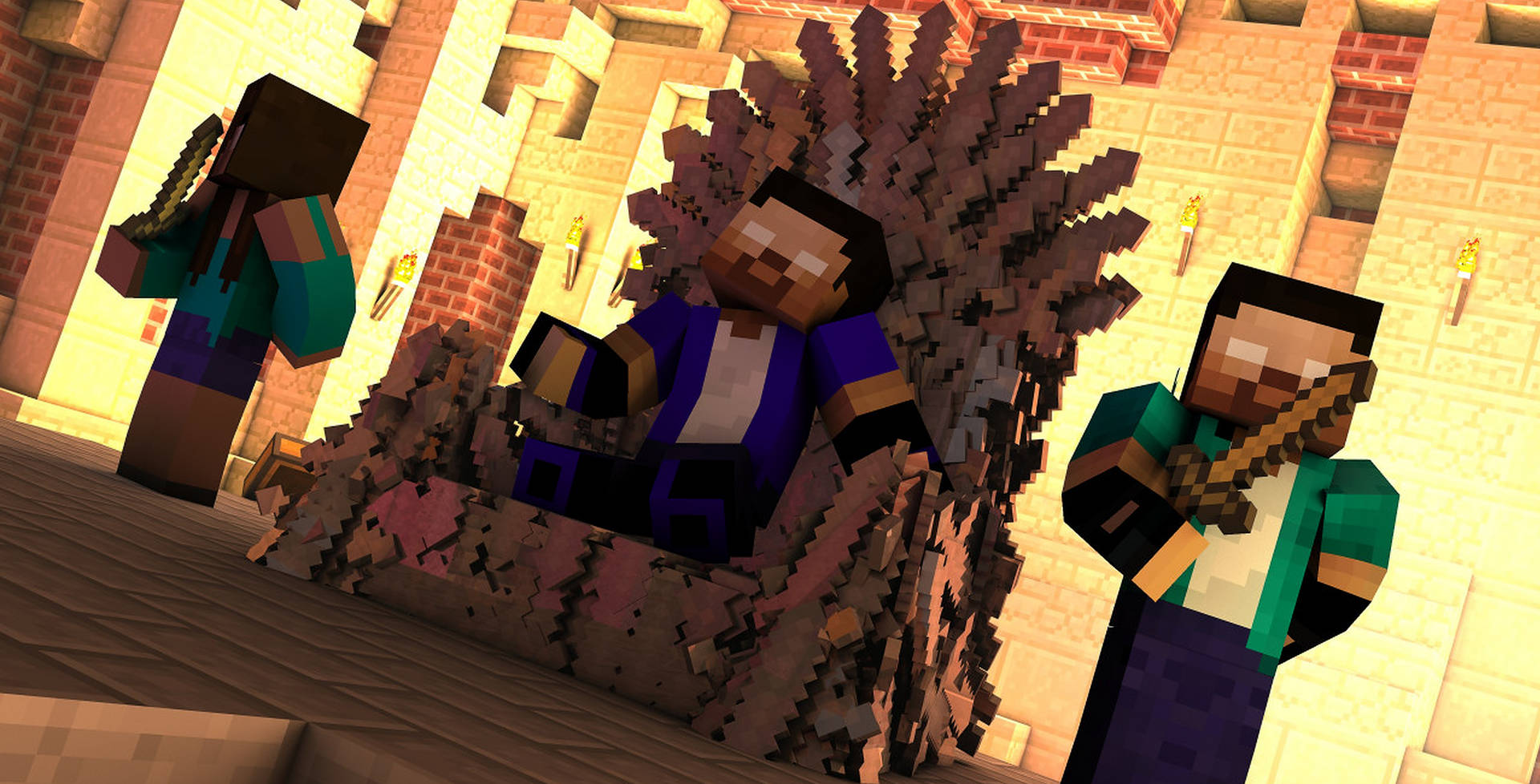 電玩遊戲 桌布 壁紙 — 三個Minecraft角色站在一個像素化的城堡大廳中，有火炬和石牆。