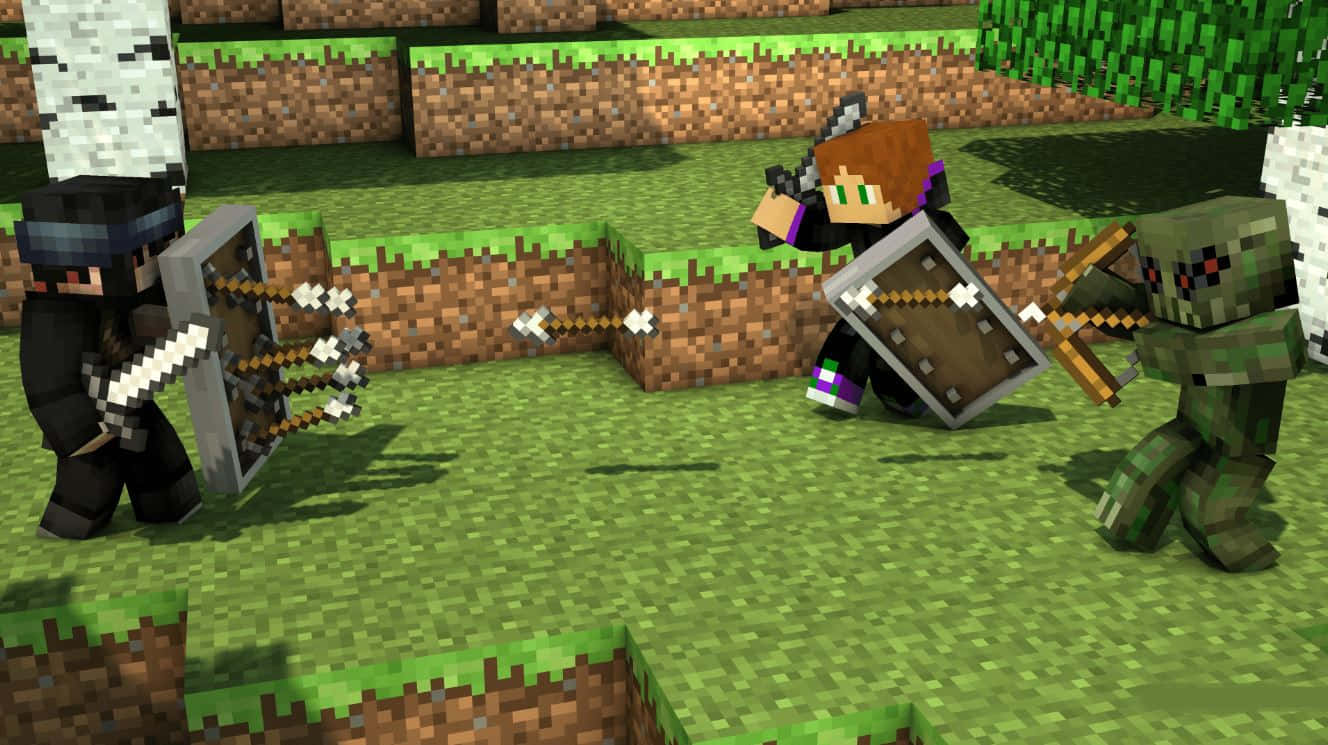 Minecraft Villagers 桌布 壁紙 — 三個Minecraft角色身穿像素盔甲，在草地塊狀地形上用劍和盾牌交鋒。