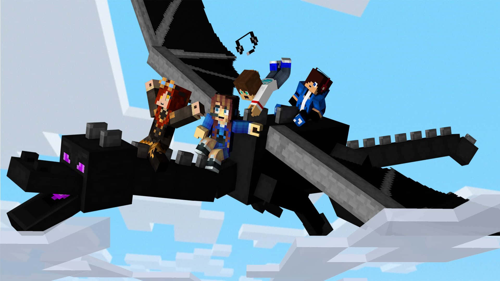 Minecraft Aesthetic 桌布 壁紙 — 三個Minecraft角色騎著一條黑龍，在晴朗的藍天下翱翔於像素雲之上。
