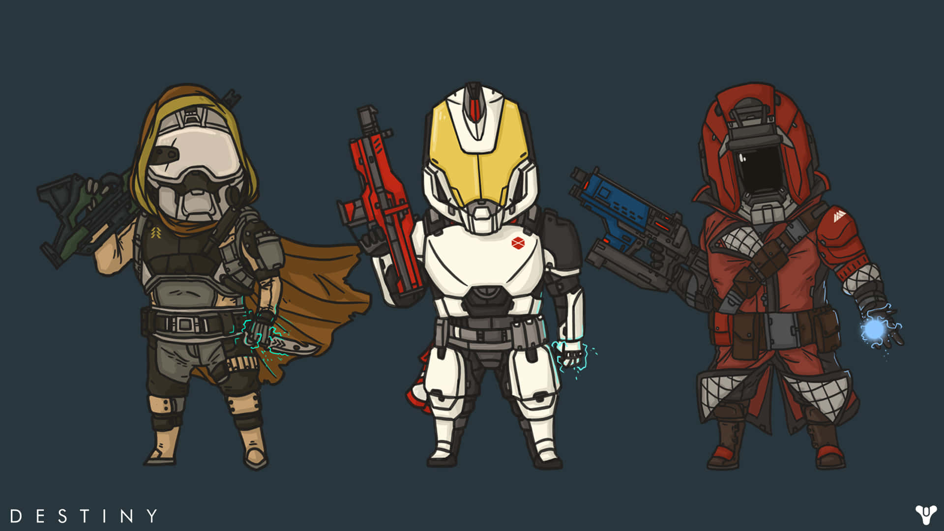 Destiny Characters 桌布 壁紙 — 三個Q版Destiny守護者身穿全套盔甲，在深藍色背景前手持發光武器準備就緒。