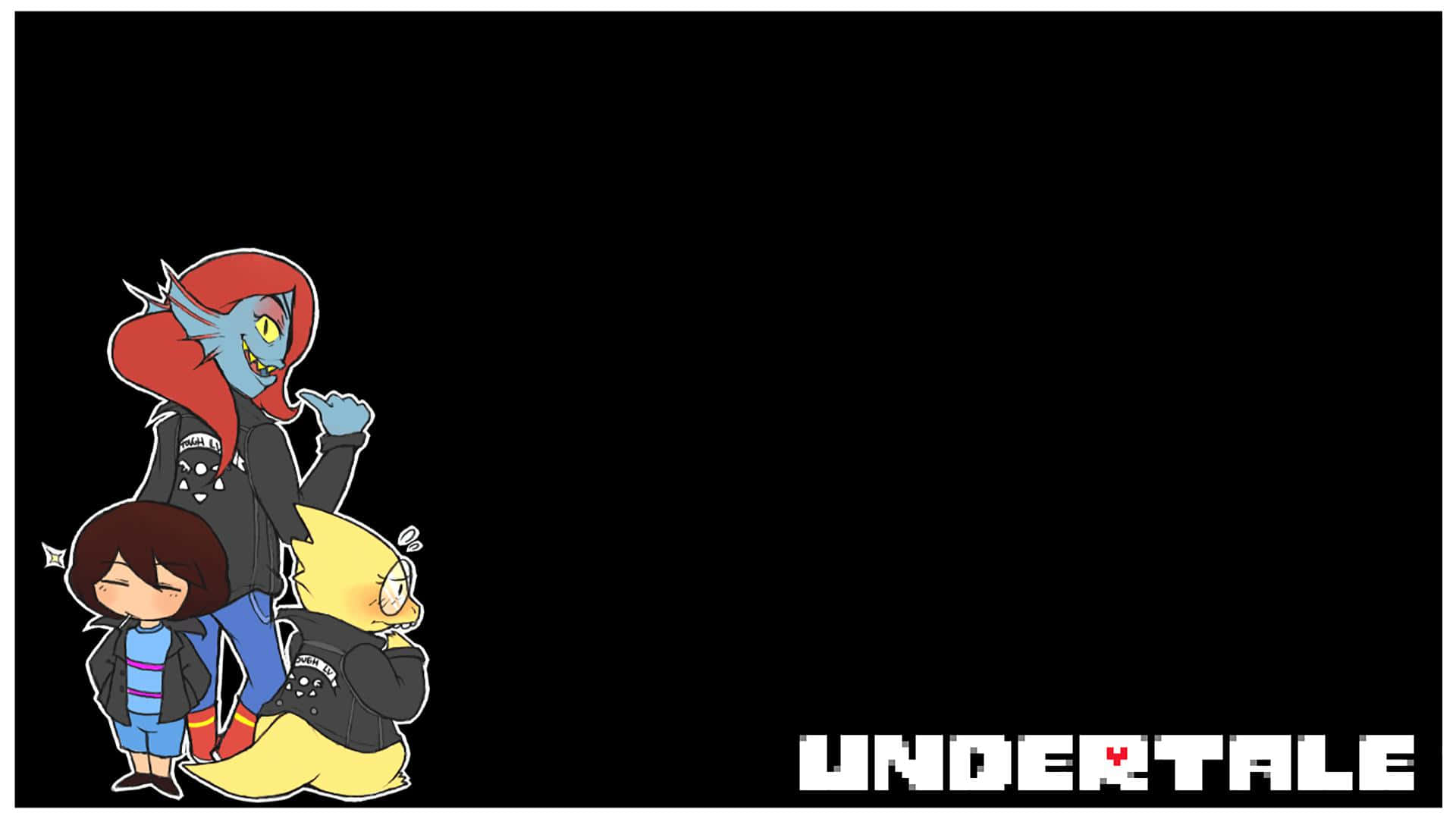 Undertale 桌布 壁紙 — 三個Q版Undertale角色在純黑色背景前擺姿勢，遊戲標誌為白色。