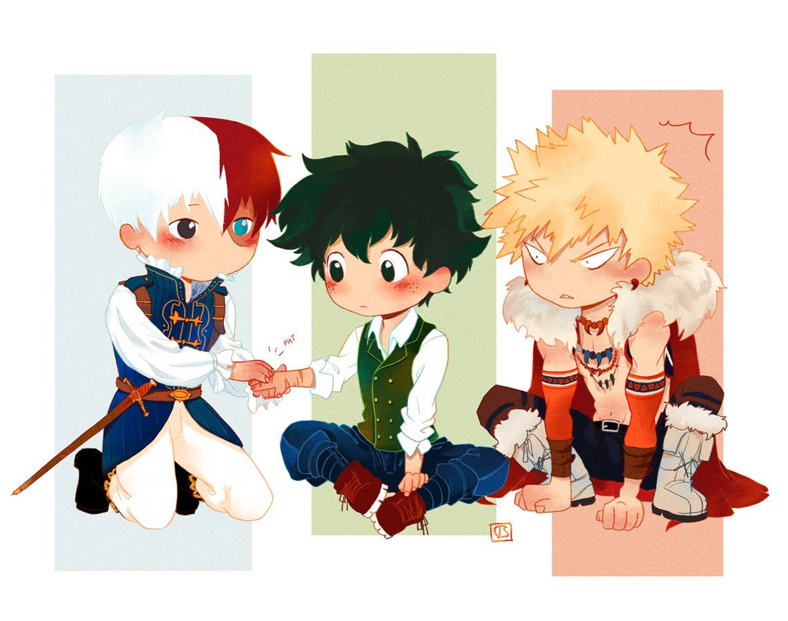 Todobakudeku 桌布 壁紙 — 三個Q版動漫角色在不同顏色的面板中互動，表情豐富，服裝細節精緻。