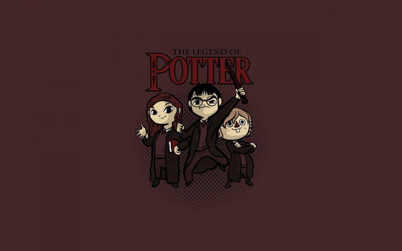 Harry Potter All Characters 桌布 壁紙 — 三個Q版哈利波特角色在栗色背景上，於粗體紅色標題下英勇地擺姿勢。