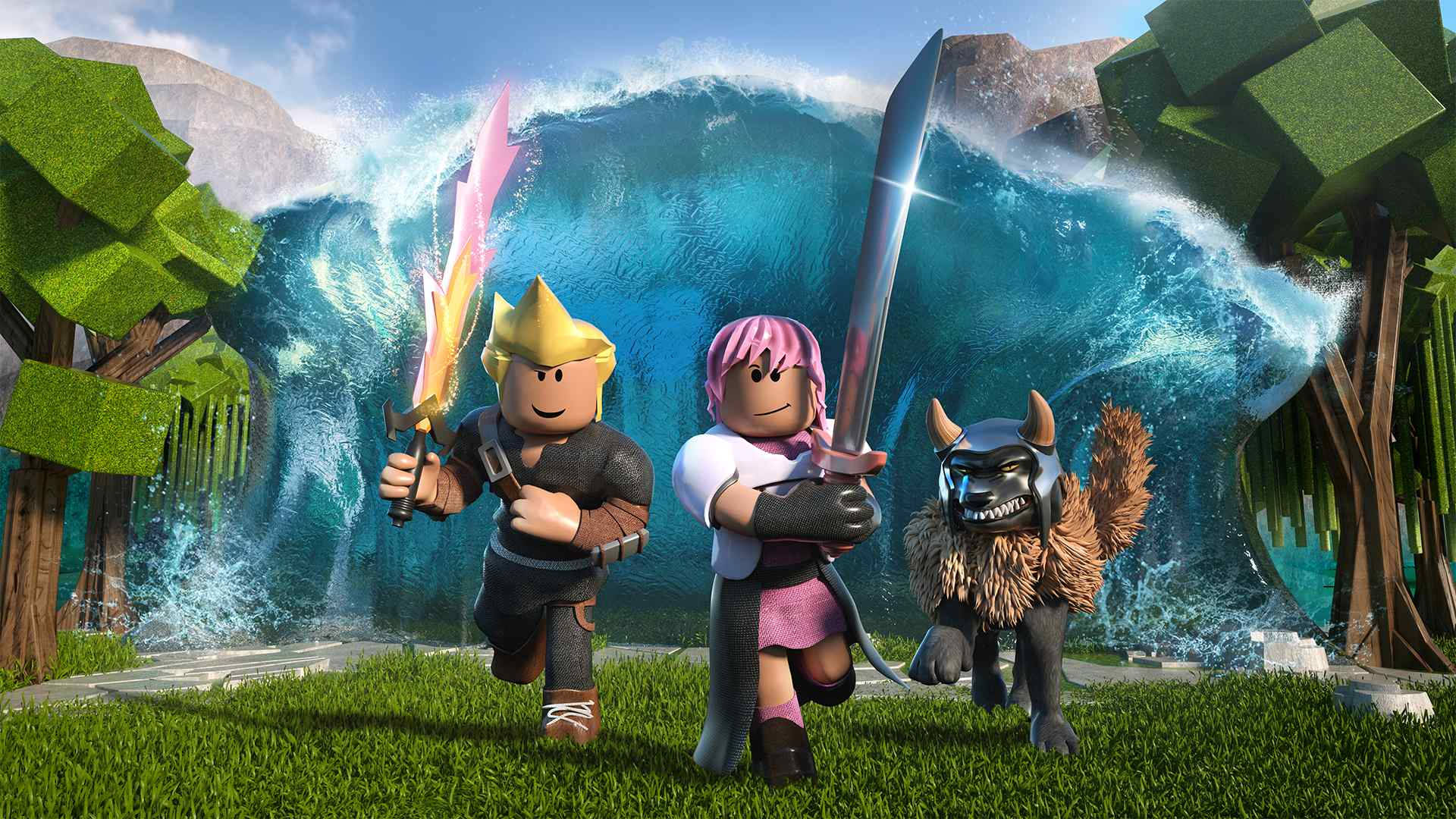 Roblox 桌布 壁紙 — 三個Roblox角色手持劍站在草地上，面對著一個巨大的破碎波浪，背景是方塊狀的數位景觀。