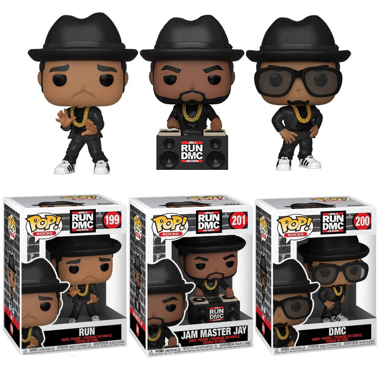 Box 桌布 壁紙 — 三個Run DMC成員的Funko Pop! 乙烯基人偶，身穿黑色西裝和帽子，戴著金鏈，展示在他們的收藏盒上方。