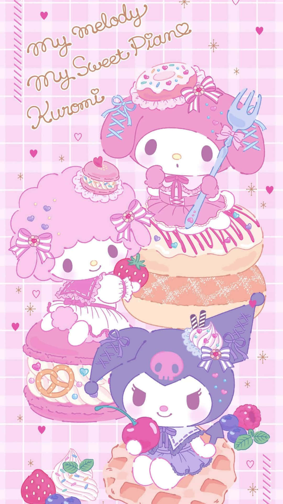 Kuromi And My Melody 桌布 壁紙 — 三個Sanrio角色坐在粉紅色格子背景上的柔和色調甜品上，配有愛心和文字。