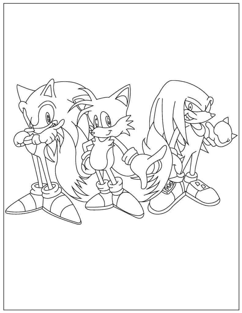 Sonic The Hedgehog Coloring 桌布 壁紙 — 三個Sonic角色以黑白線條勾勒，線條清晰，姿勢生動，準備好上色。