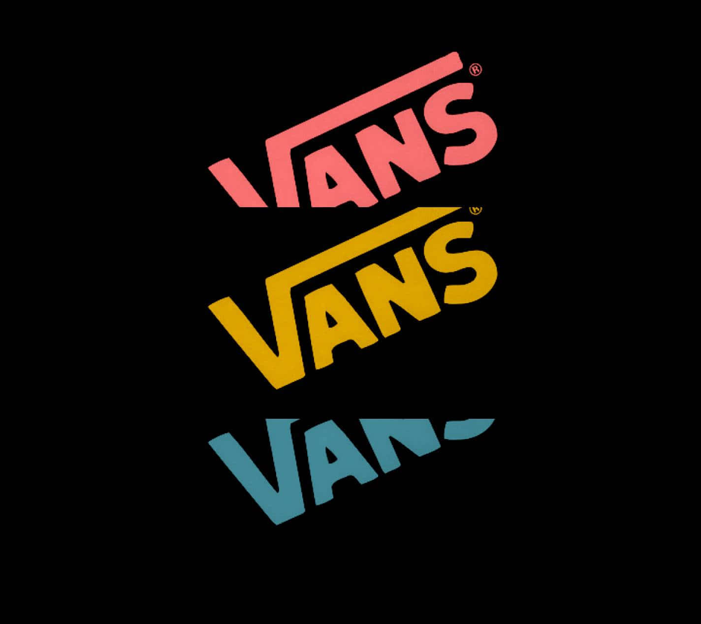 桌布 壁紙 — 三個Vans標誌以粉紅色、黃色和藍色堆疊在黑色背景上。
