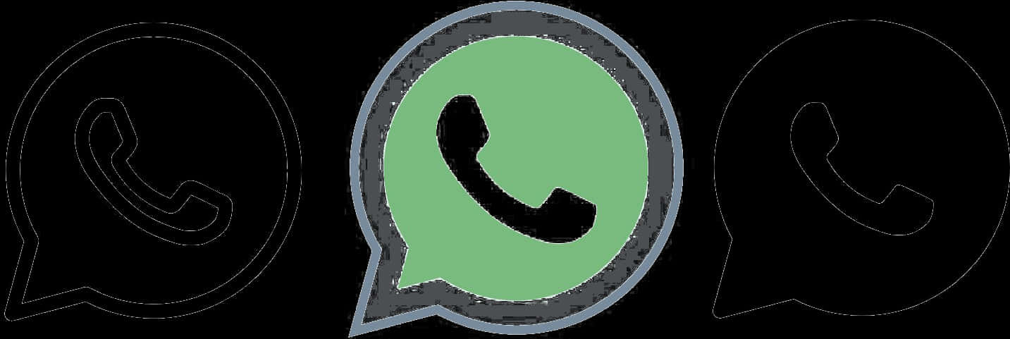 WhatsApp 桌布 壁紙 — 三個WhatsApp標誌圖示，中間一個為綠色，黑色背景上帶有褪色輪廓。