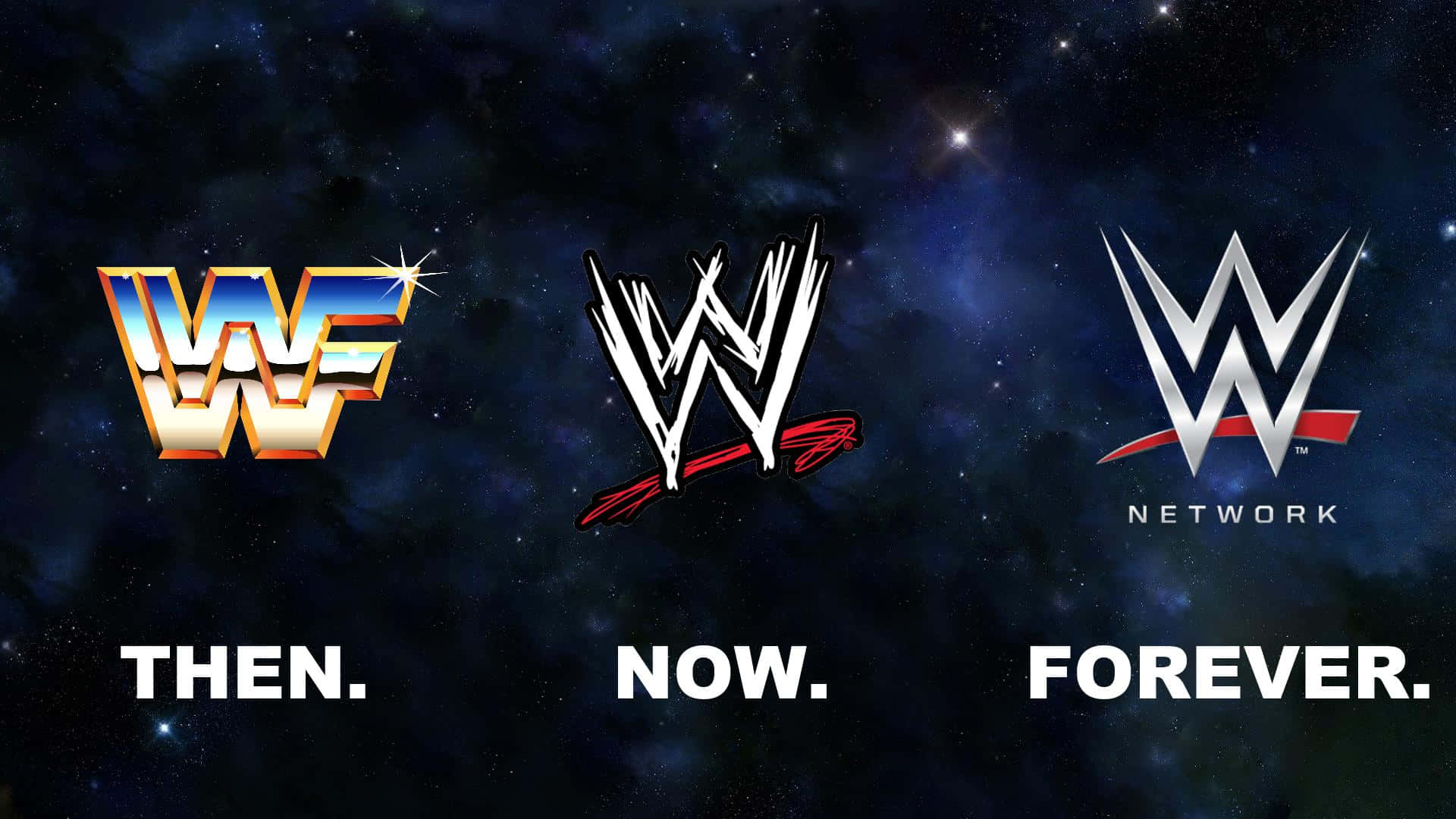 三個WWE標誌在星空背景下從then演變到now再到forever。 — Valorant Logo 壁紙