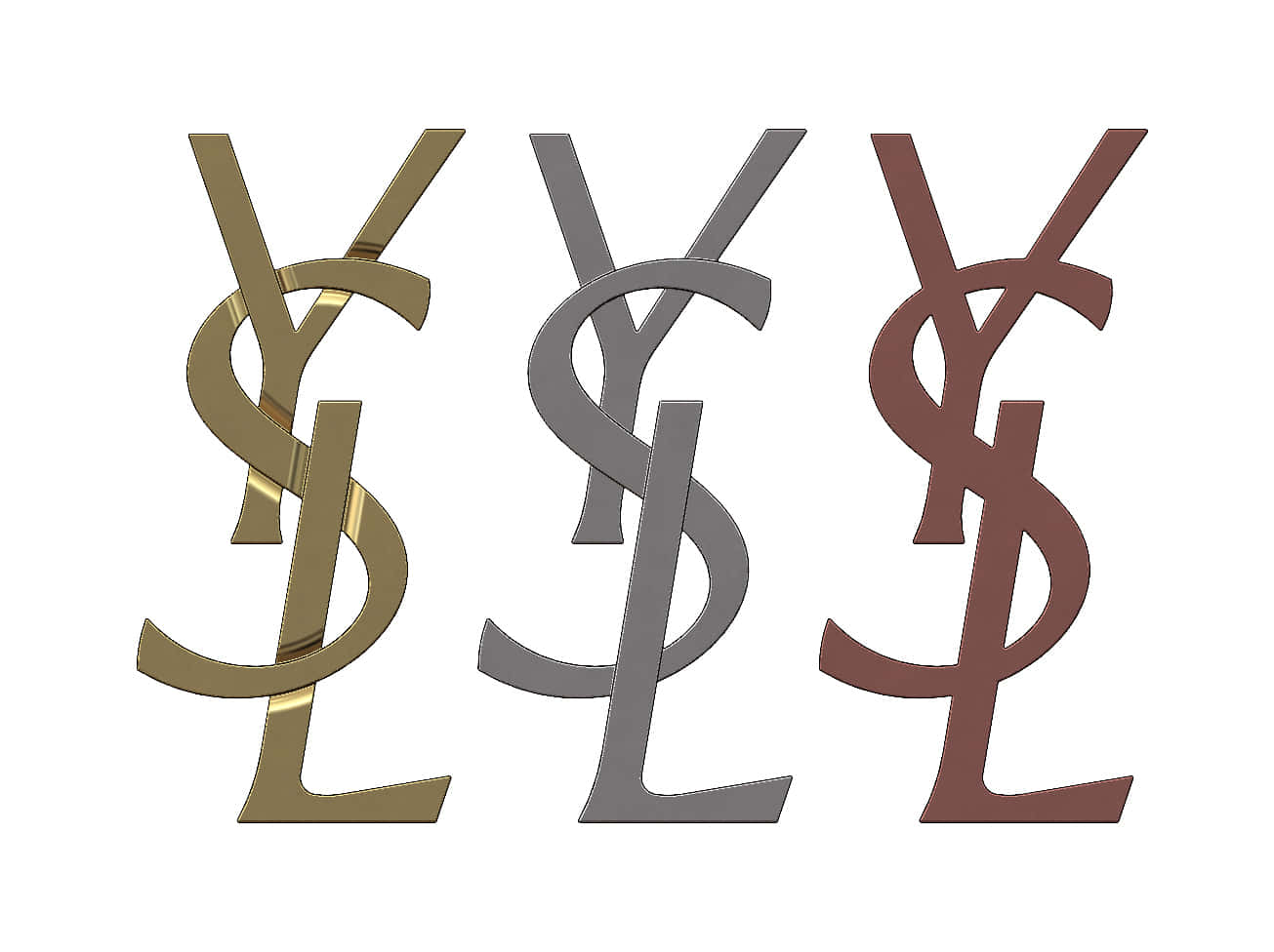 YSL 桌布 壁紙 — 三個YSL字母組合標誌，採用金色、銀色和棕色金屬質感，獨立展示在白色背景上。