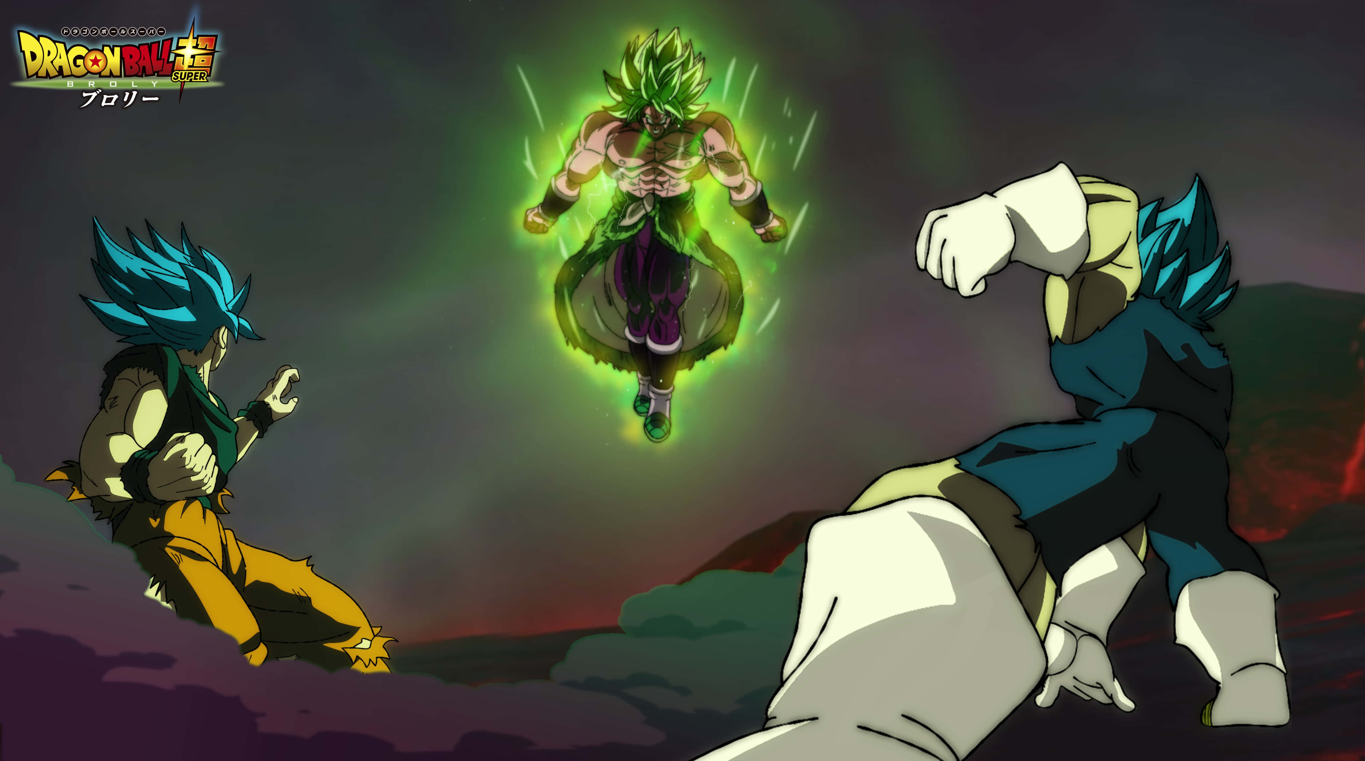 Vegeta And Broly 桌布 壁紙 — 三個七龍珠角色在黑暗的天空中戰鬥，中央角色被發光的綠色能量包圍。