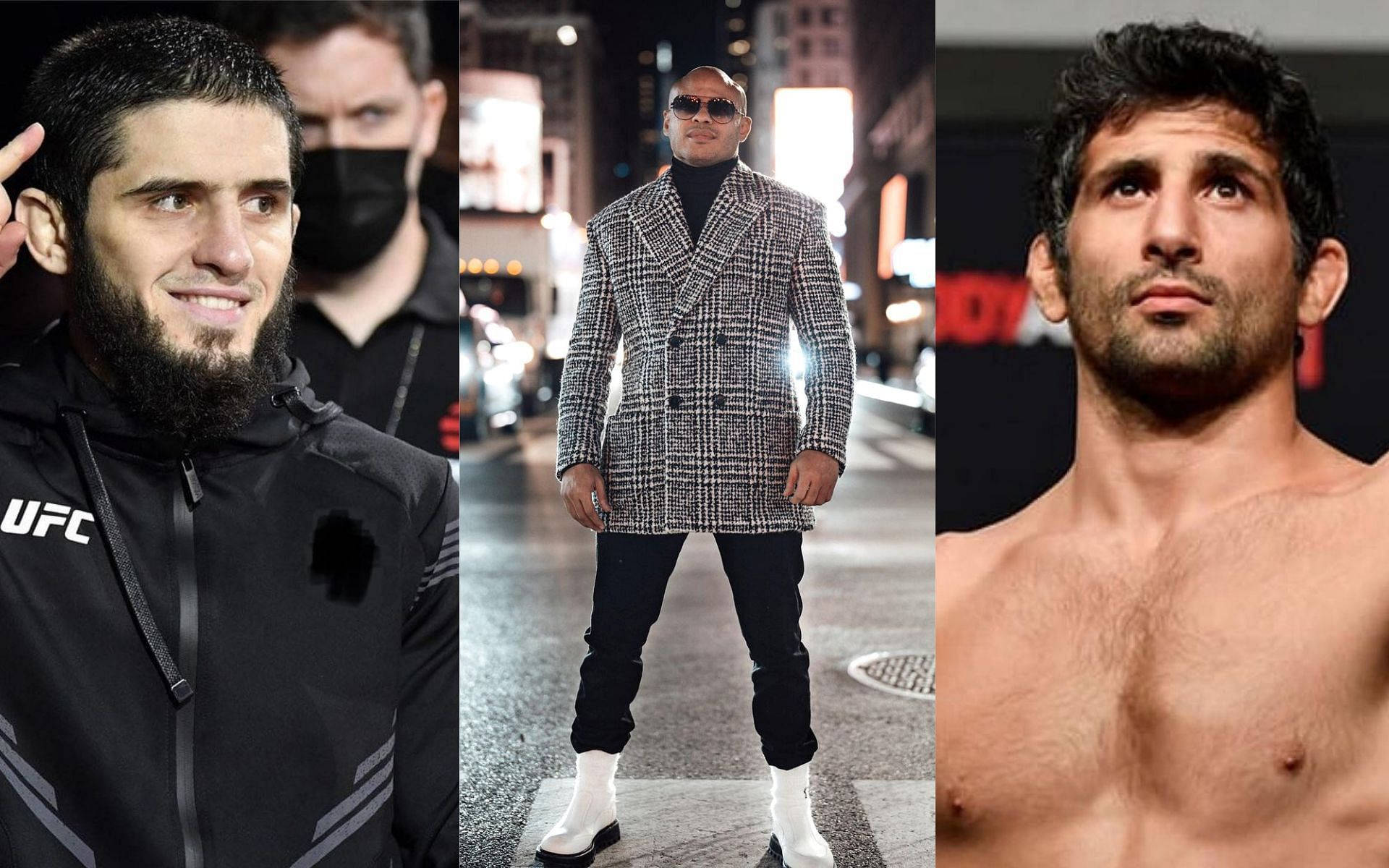 UFC 桌布 壁紙 — 三個不同場景中的男人：一個留鬍子的UFC裝備戰士，一個穿著格紋外套的時尚男子在都市街道上，以及一個赤裸上身的運動員帶著強烈的眼神。