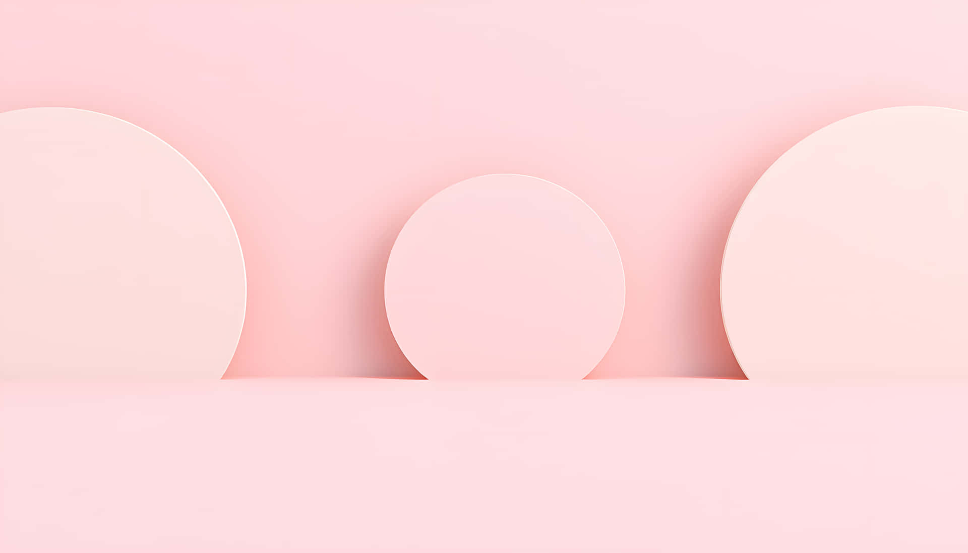 Balanced Tranquility Minimalist Geometric Art in Soft Tones 壁紙 — 三個不同大小的極簡粉彩圓形，在無縫粉色背景上投下柔和陰影。