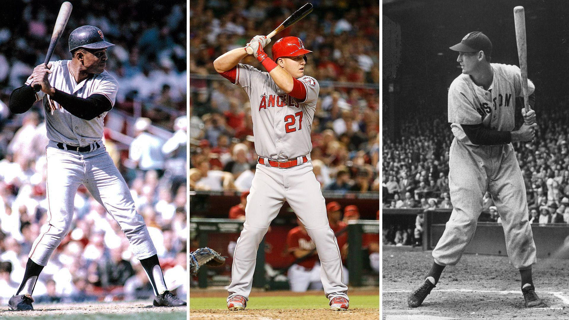 Mike Trout 桌布 壁紙 — 三個不同時代的棒球擊球手姿勢，從復古黑白到現代彩色，準備好行動。