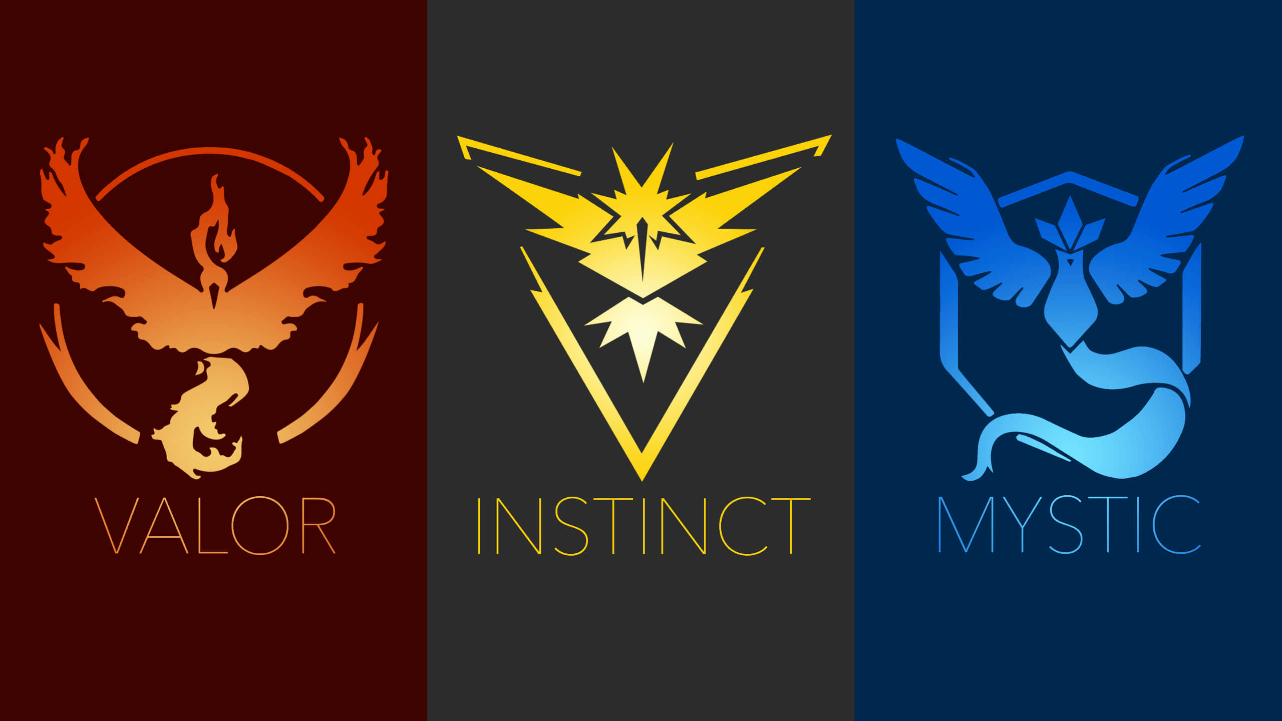 寶可夢 iPhone 壁紙 桌布 壁紙 — 三個不同的 Pokémon Go 隊伍標誌 Valor、Instinct 和 Mystic 並排顯示，採用其標誌性顏色。