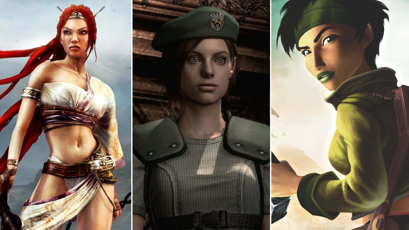 Half-life Characters 桌布 壁紙 — 三個不同的女性電玩角色，以詳細的數位藝術肖像呈現，搭配多樣的服裝和表情。