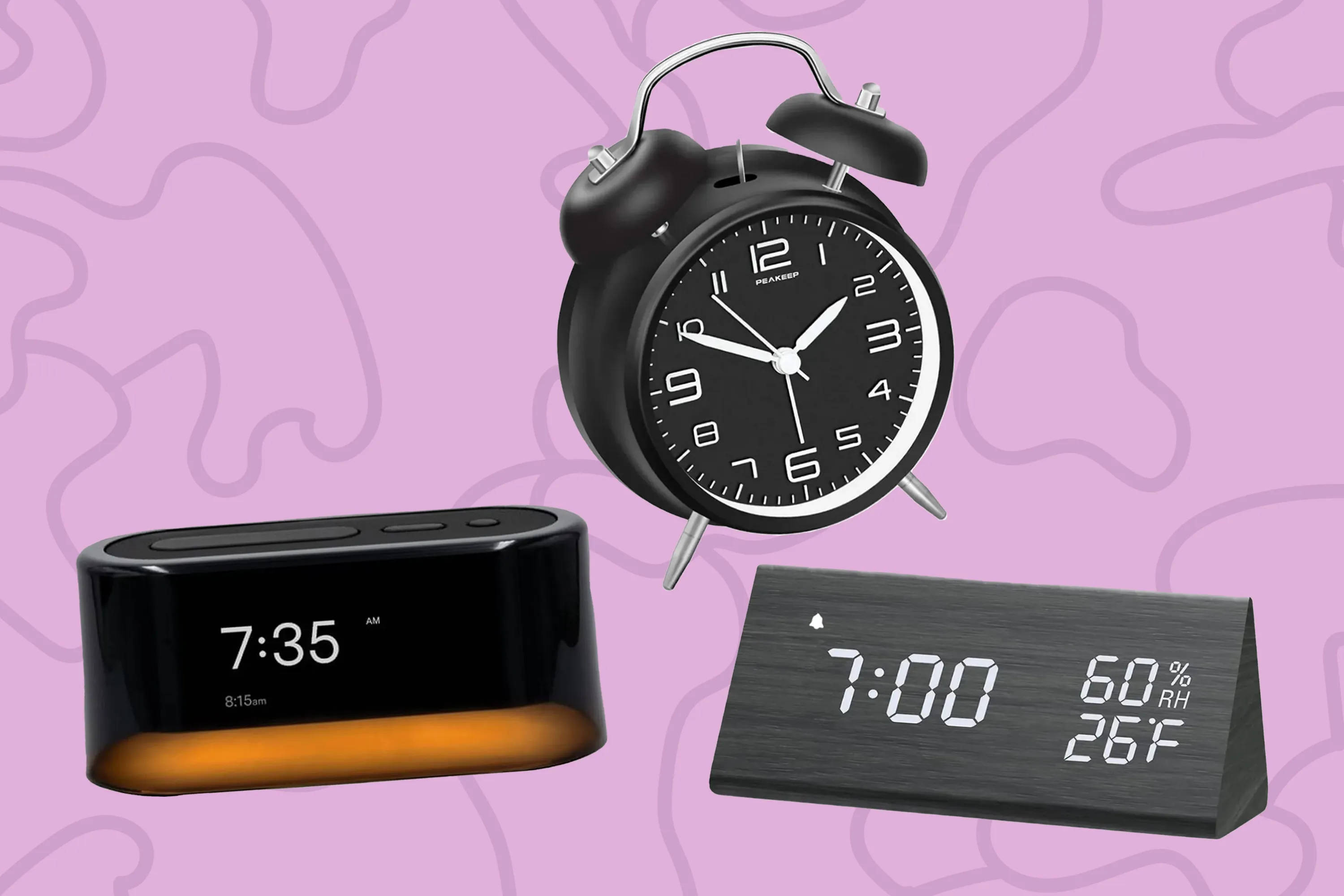 Clock 桌布 壁紙 — 三個不同的時鐘漂浮在帶有抽象波浪線的柔和紫色背景上。