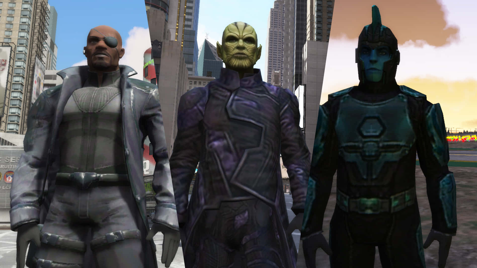 Skrulls 桌布 壁紙 — 三個不同的科幻角色站在一個未來主義的城市景觀中，有高聳的摩天大樓和充滿活力的日落天空。