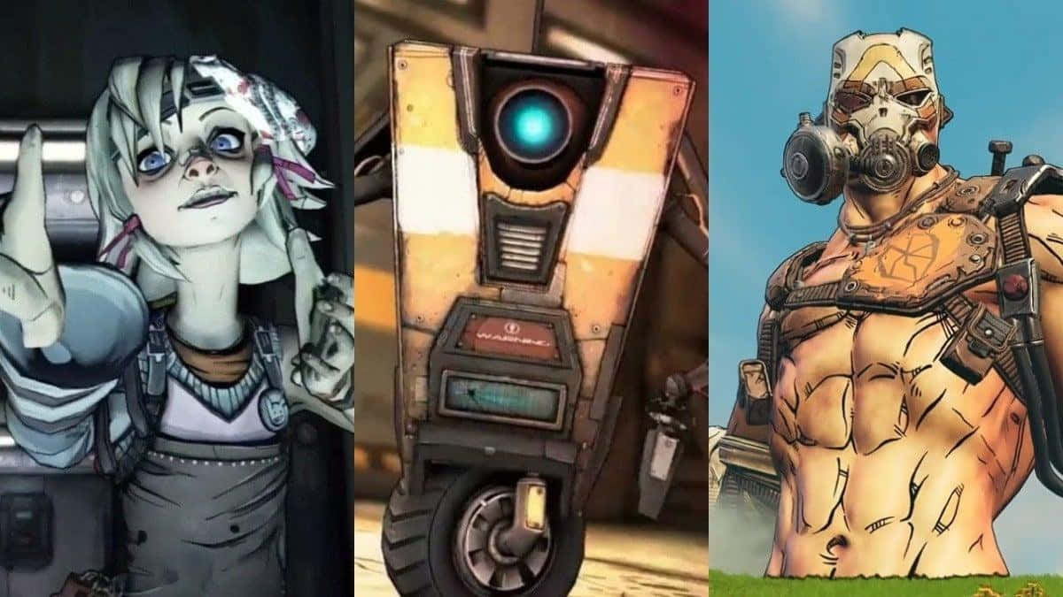 Borderlands Characters 桌布 壁紙 — 三個不同的遊戲角色：一個纏繃帶的動漫女孩、一個發光眼睛的機器人和一個肌肉發達的裝甲戰士。