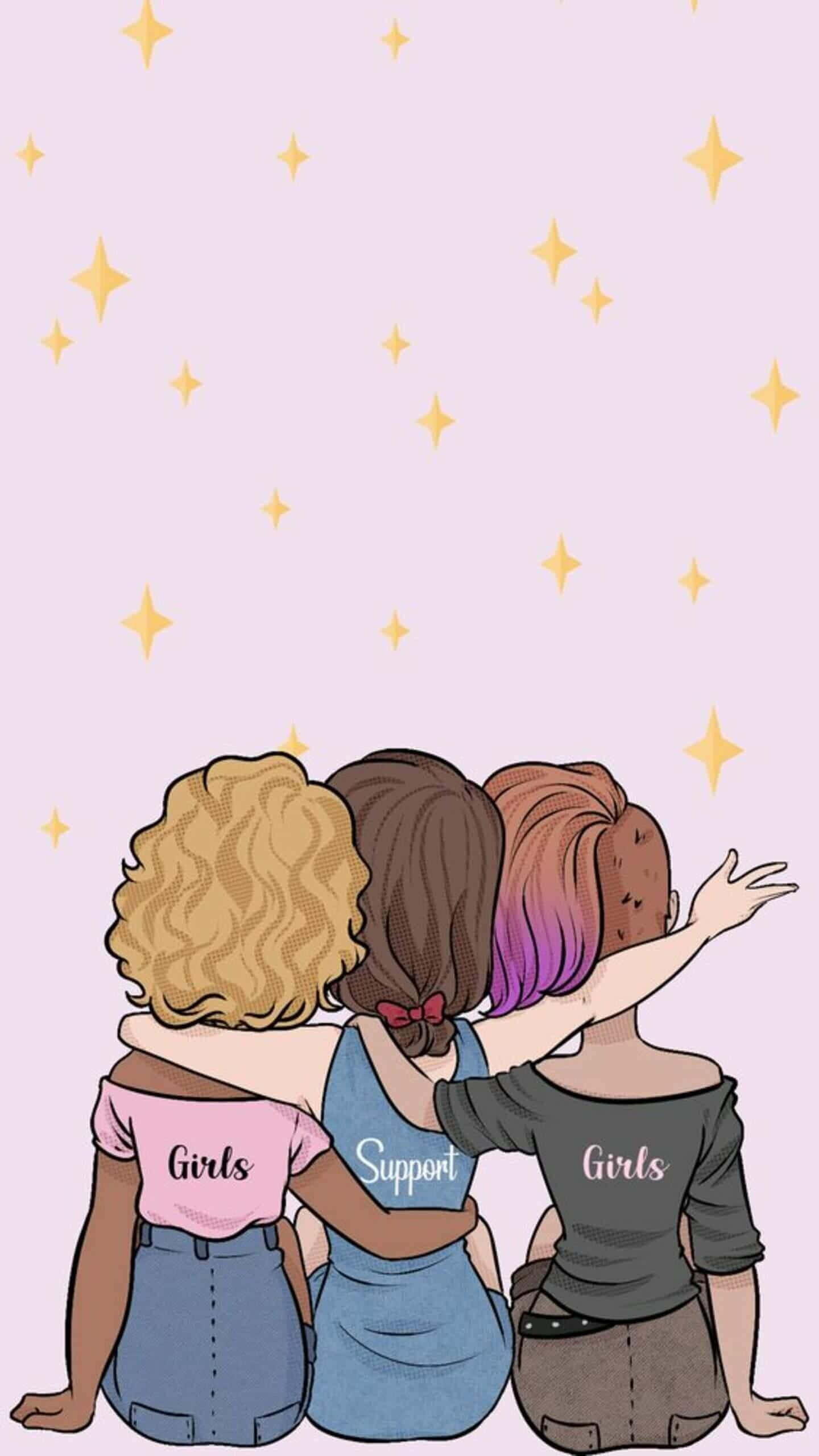 Friendship 桌布 壁紙 — 三個不同背景的女孩互相搭著肩膀，仰望柔和粉紅色天空中閃爍的金色星星。