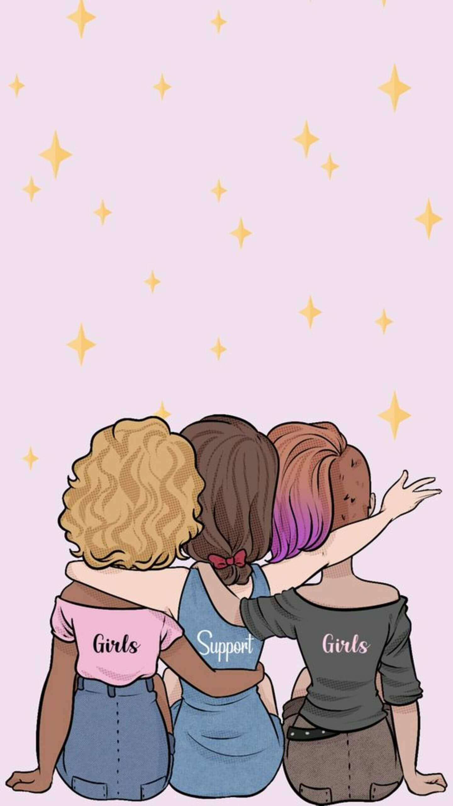 3 Best Friends 桌布 壁紙 — 三個不同背景的女孩互相搭著肩膀，仰望柔和粉紅天空中的金色星星。