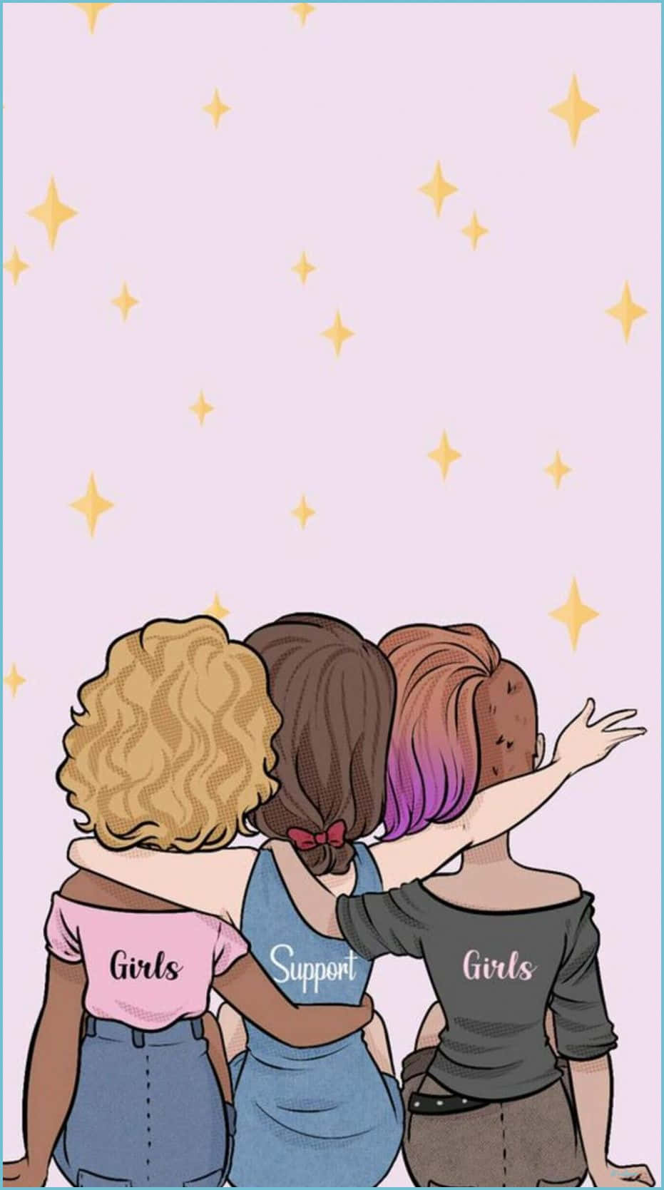 Best Friend Aesthetic 桌布 壁紙 — 三個不同背景的女孩互相擁抱，仰望柔和粉紅色天空中的金色星星。