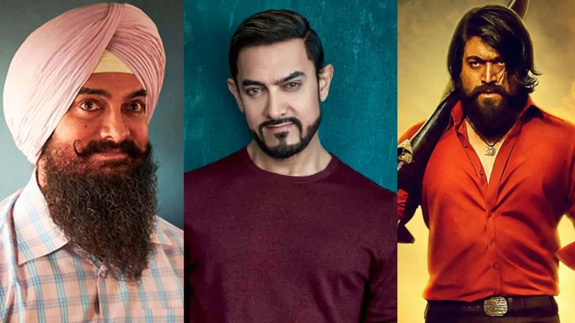 Aamir Khan 桌布 壁紙 — 三個不同風格的男人：戴頭巾的錫克教徒、留鬍鬚的演員穿栗色襯衫、留鬍鬚的戰士穿紅色襯衫並持有武器。