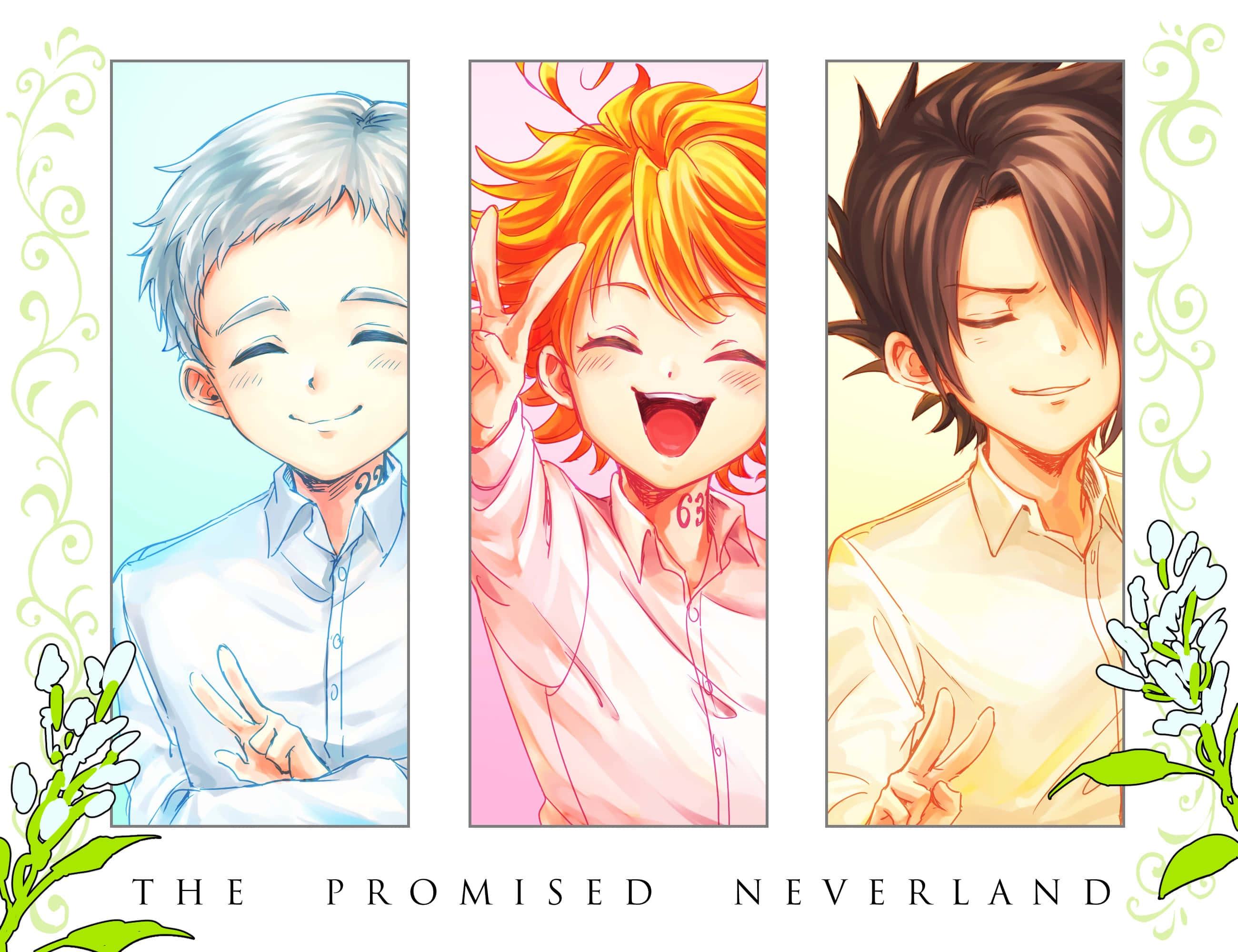 The Promised Neverland Ray 桌布 壁紙 — 三個不同髮色的開朗動畫男孩在花卉漩渦框住的粉彩背景前微笑並擺出和平手勢。